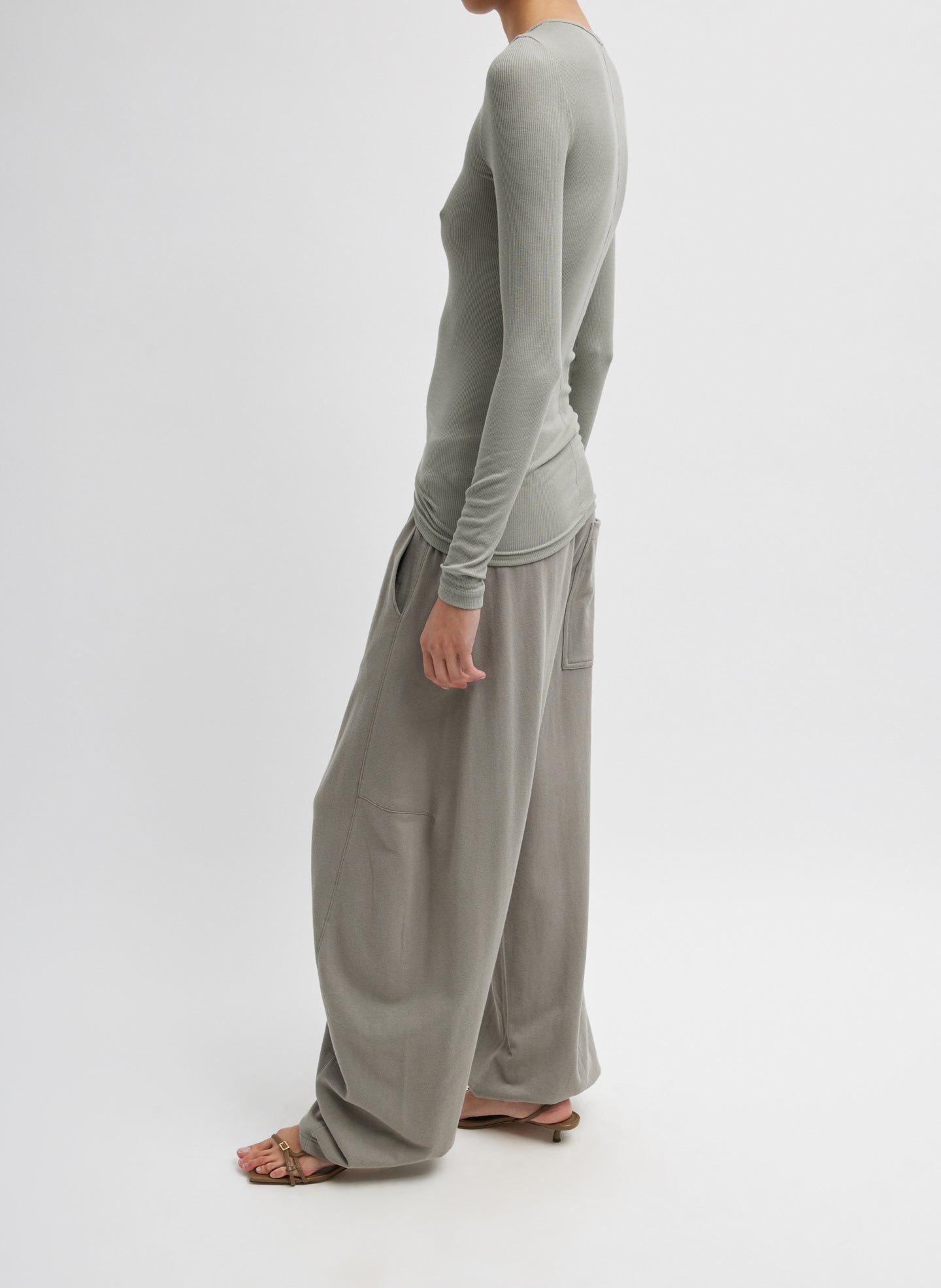 Pumice Grey Circular Ribbed Crewneck Long Sleeve T-Shirt - full look, side view on model