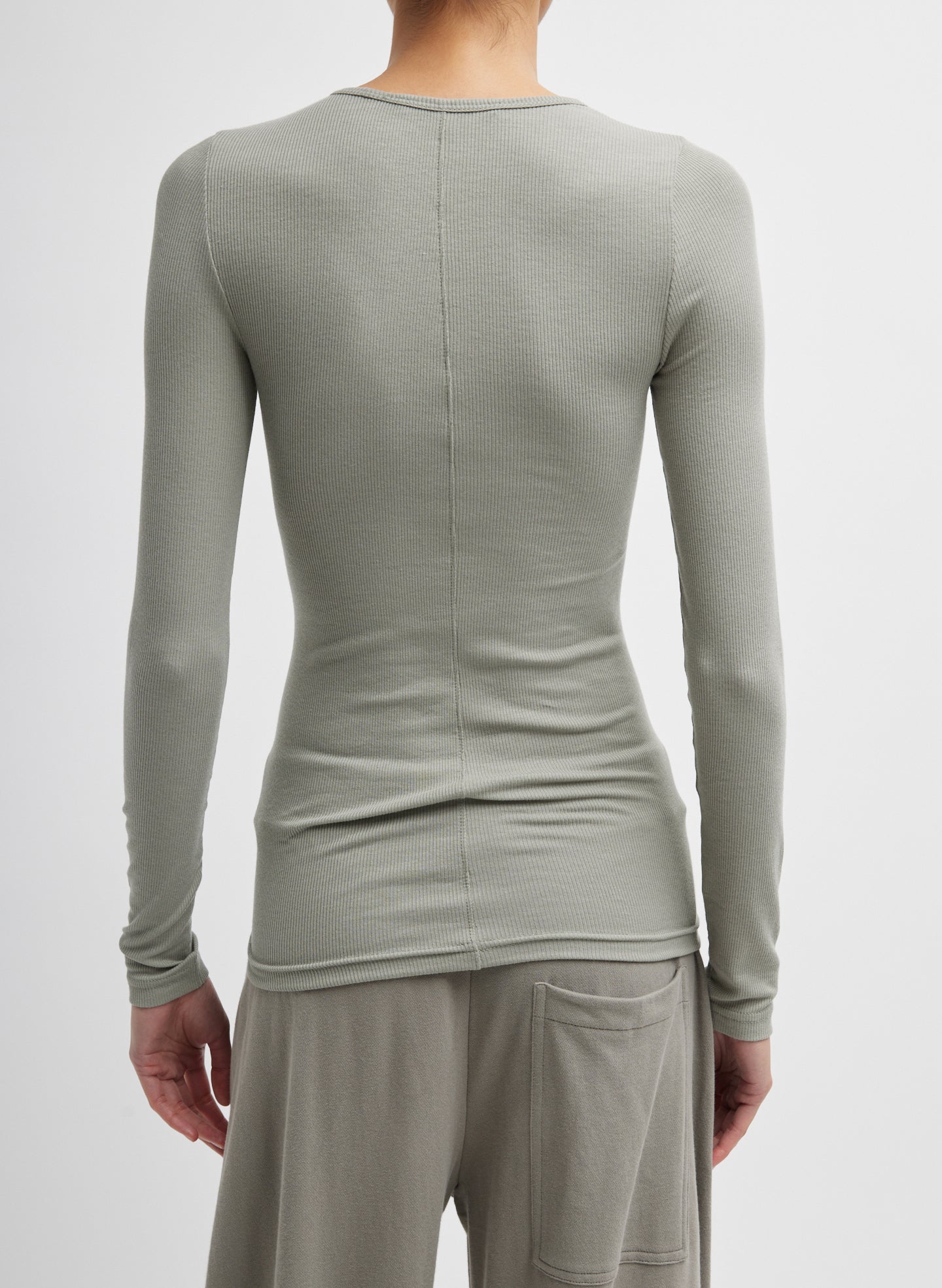 Pumice Grey Circular Ribbed Crewneck Long Sleeve T-Shirt - back view on model