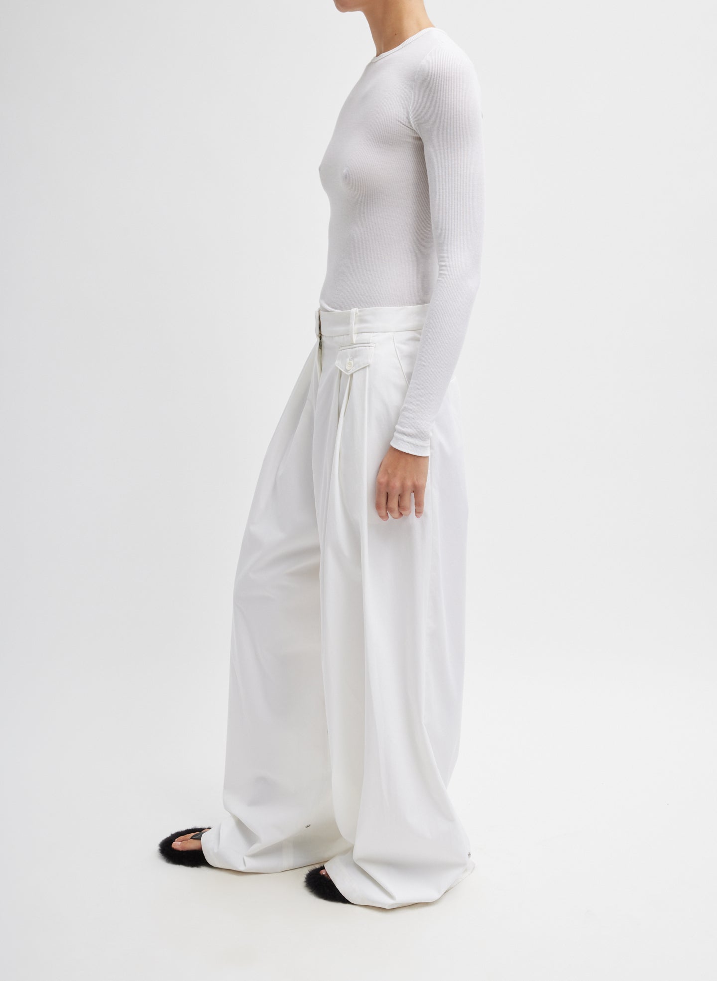 White Circular Ribbed Crewneck Pullover T-Shirt - long sleeved tee, full look, side view on model