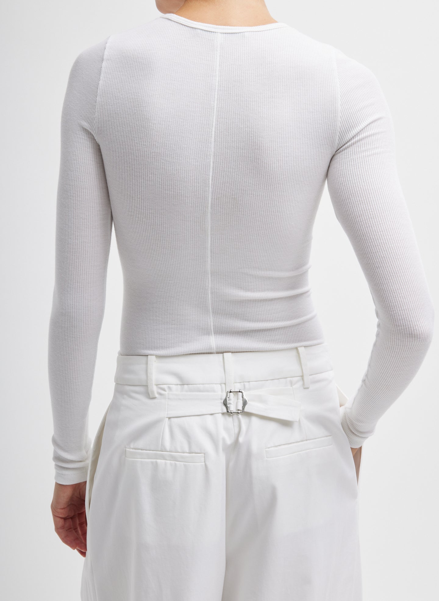 White Circular Ribbed Crewneck Pullover T-Shirt - long sleeved tee, back view on model