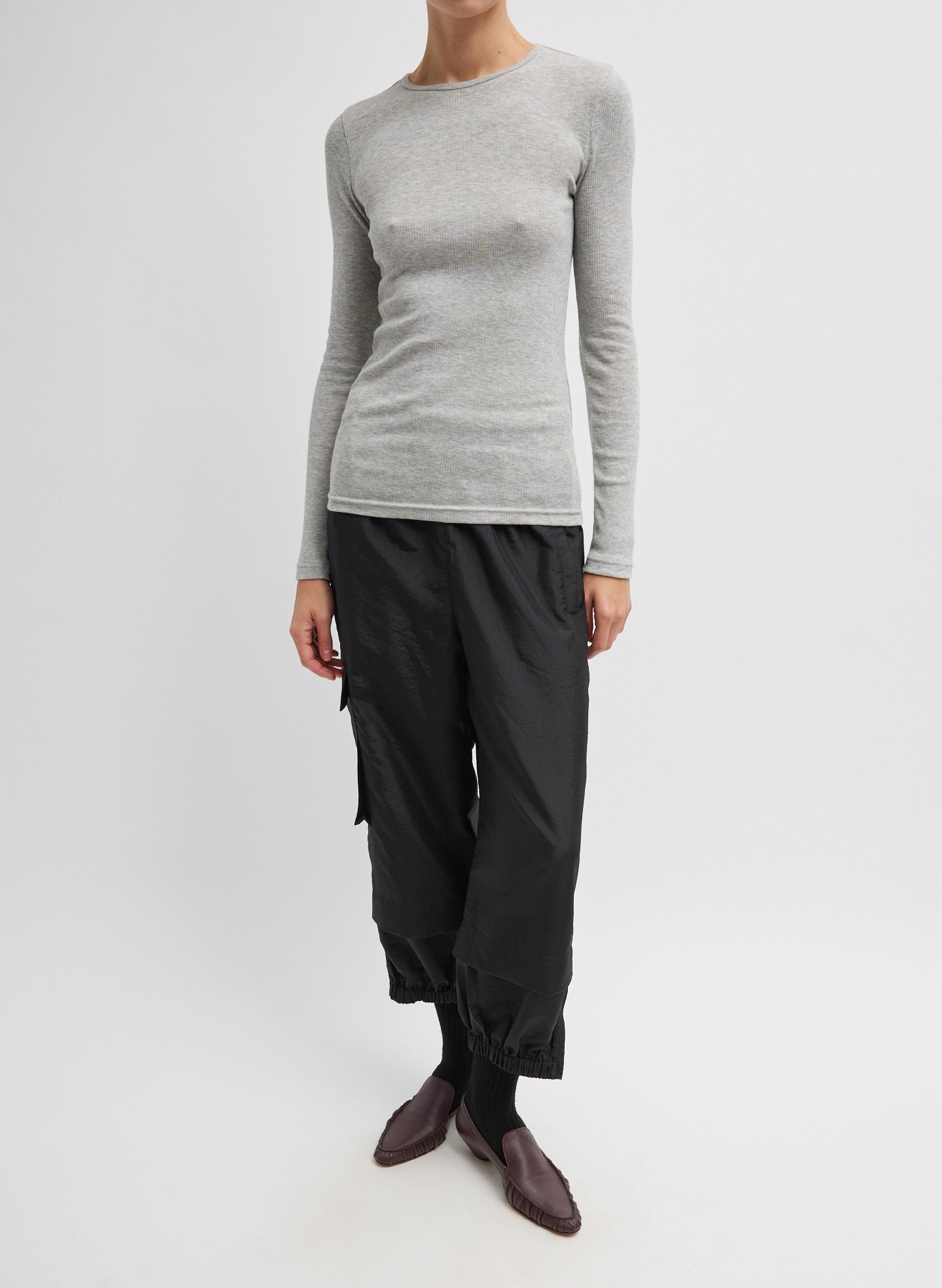 Heather Grey Circular Ribbed Crewneck Pullover T-Shirt - long sleeved tee, full look, front view on model