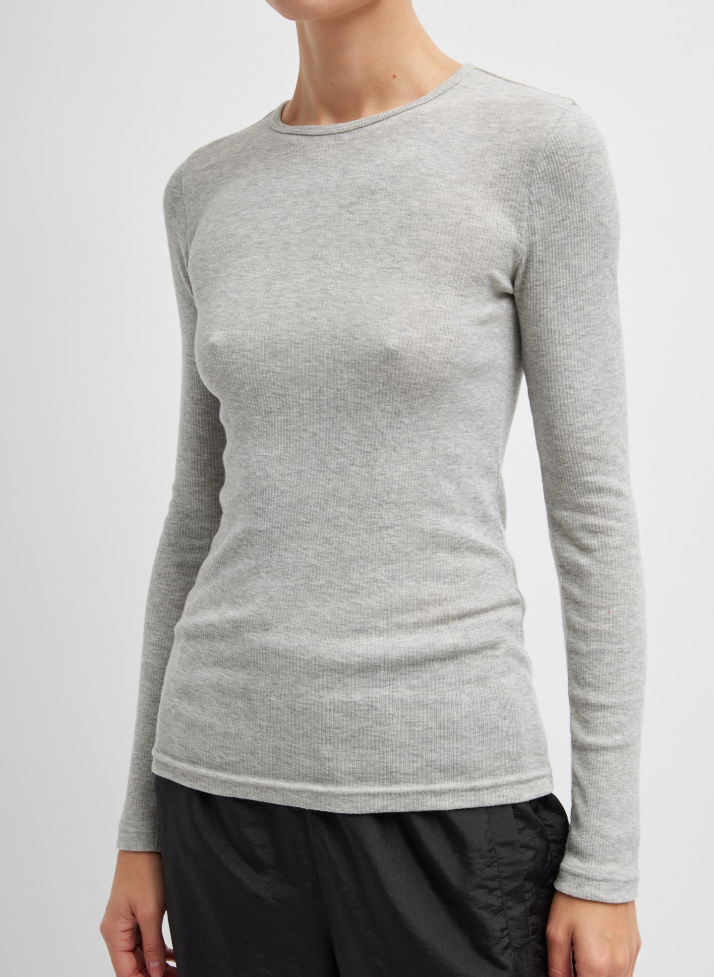 Heather Grey Circular Ribbed Crewneck Pullover T-Shirt - long sleeved tee, front view on model