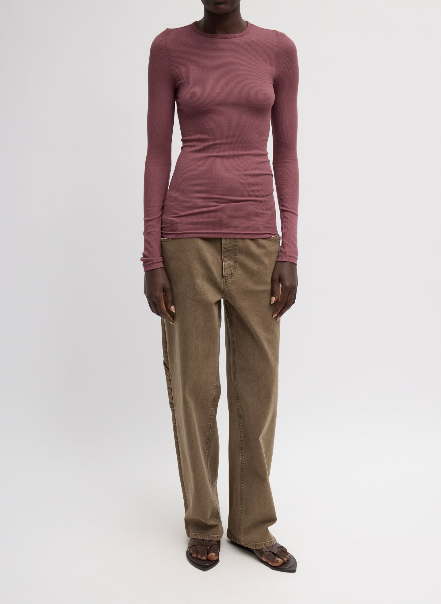 Circular Ribbed Crewneck Pullover T-Shirt - full look, front view on model