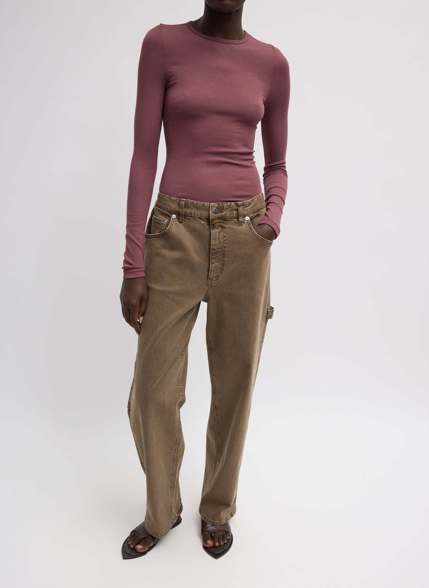 Circular Ribbed Crewneck Pullover T-Shirt - long sleeve t-shirt, front view on model