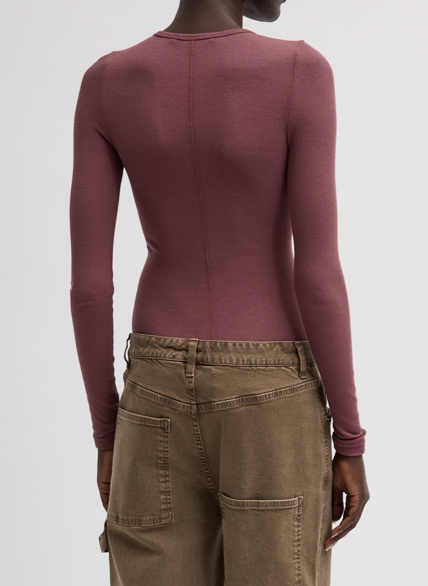 Circular Ribbed Crewneck Pullover T-Shirt - long sleeve t-shirt, back view on model