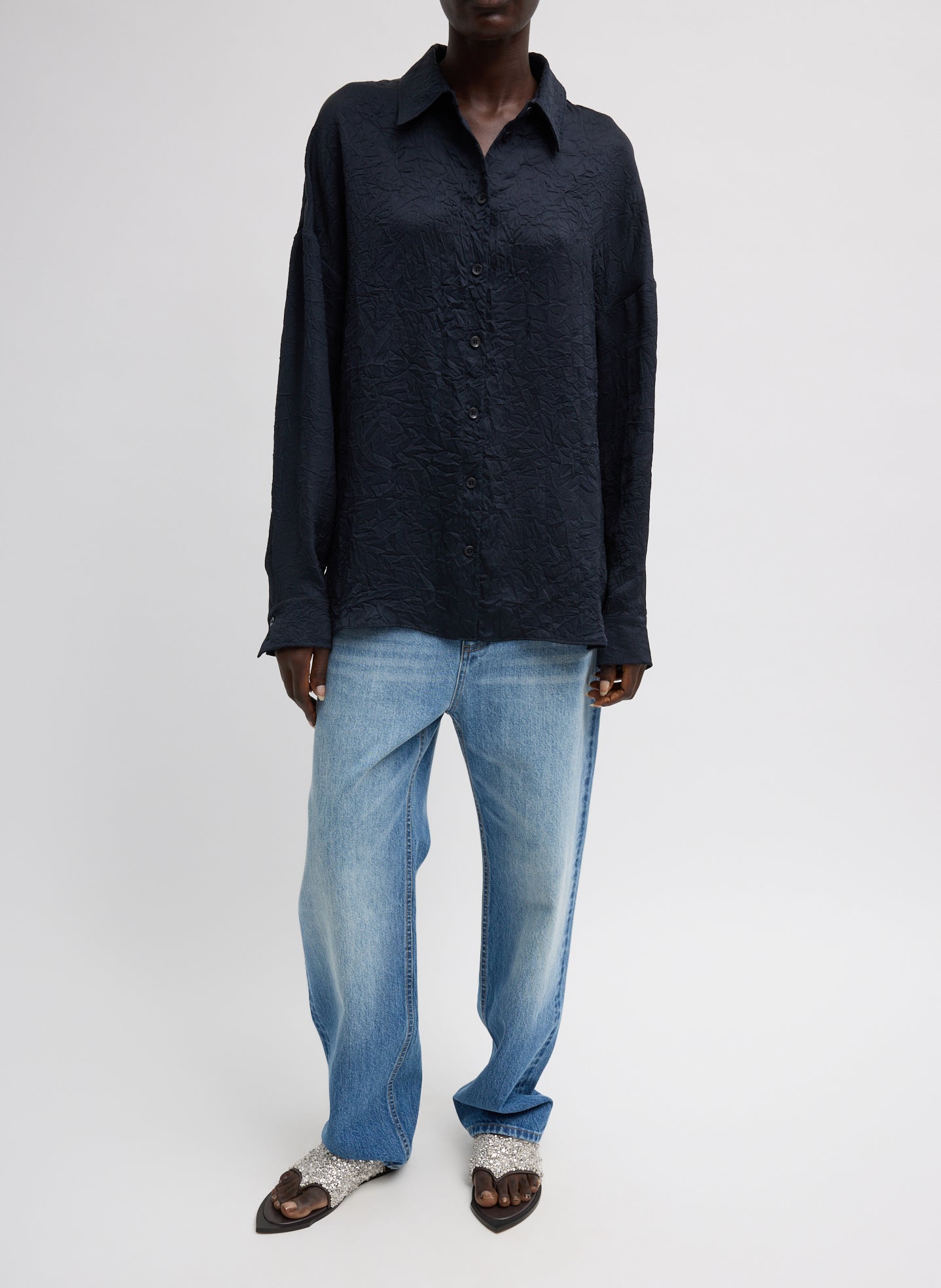 Midnight Navy Oversized Crinkled Button Down - button down shirt, front view on model