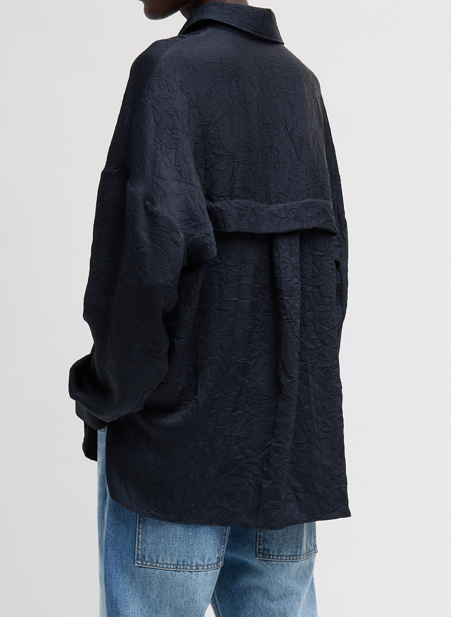 Midnight Navy Oversized Crinkled Button Down - button down shirt, back view on model