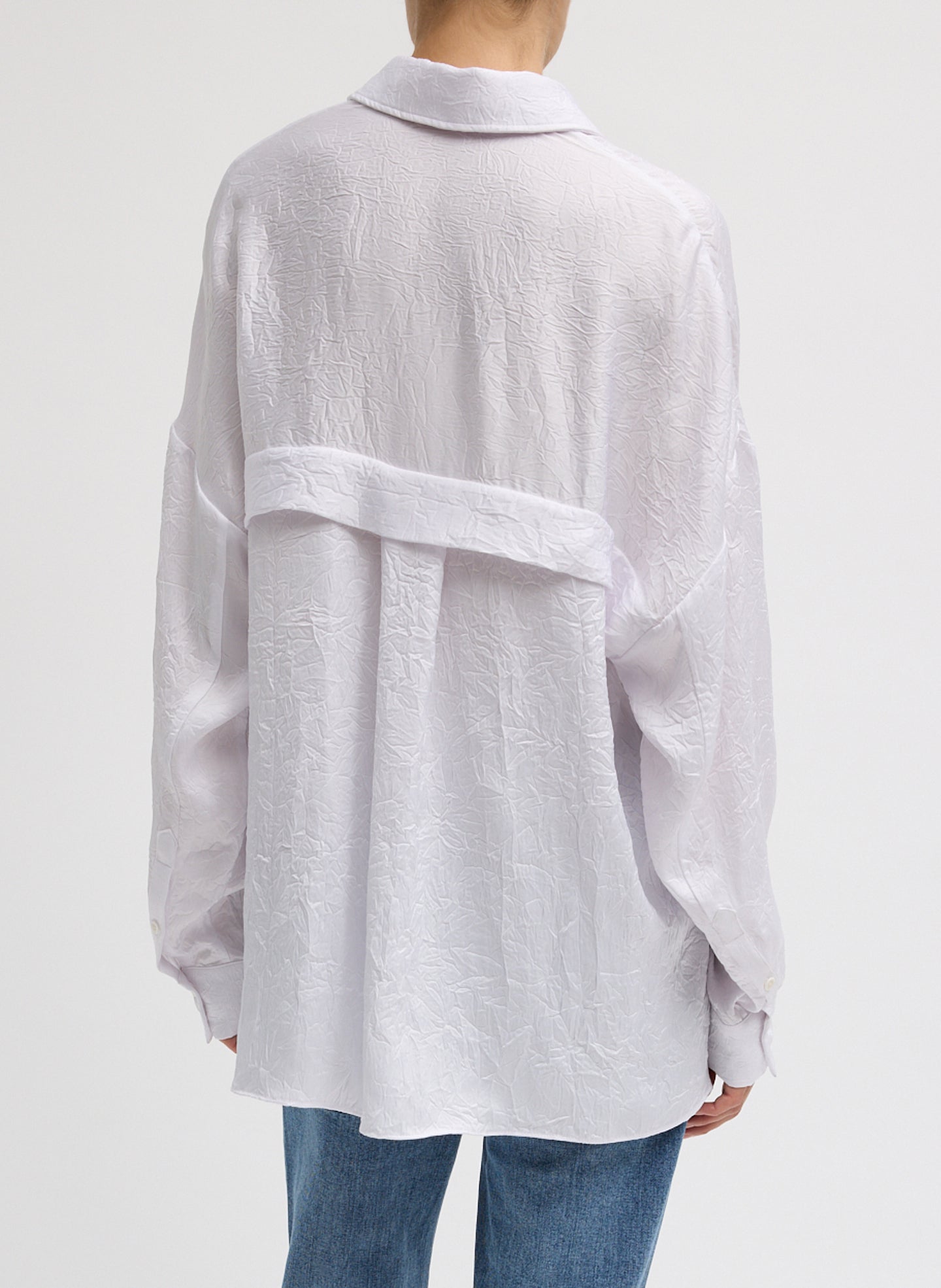 White Oversized Crinkled Button Down - button down shirt, back view on model