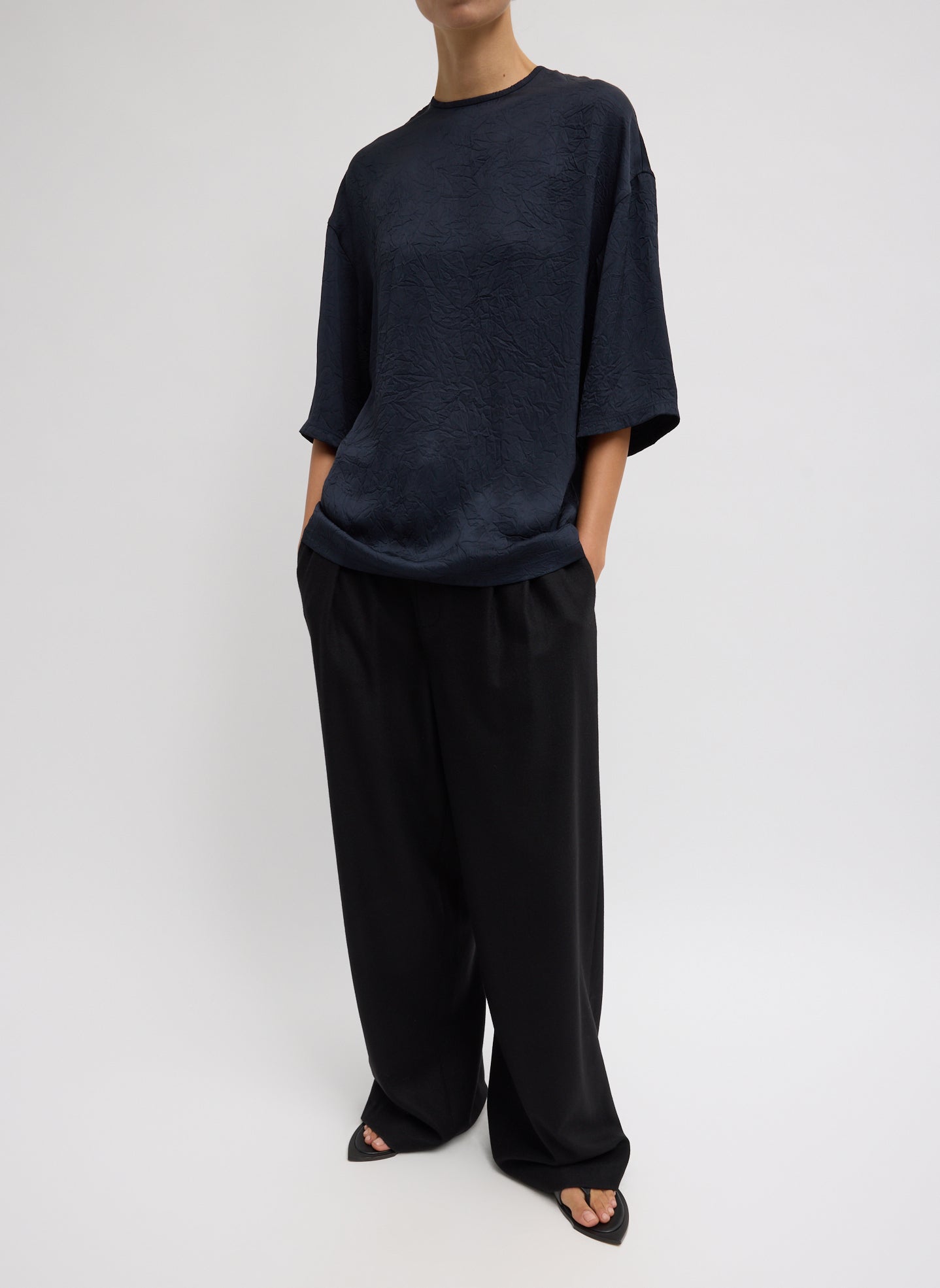 Midnight Navy Crinkle Shirting Easy T-Shirt - full look, front view on model