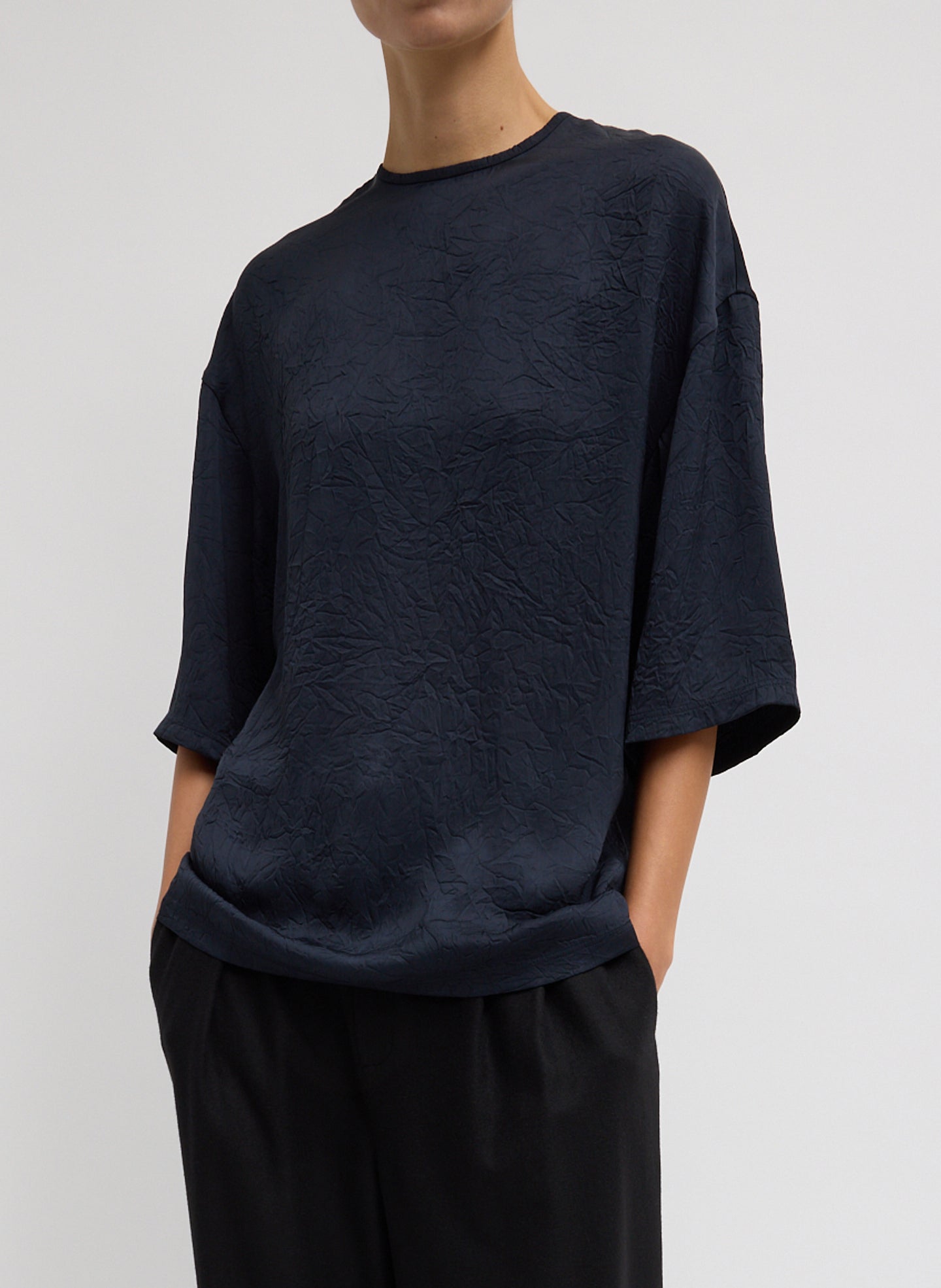 Midnight Navy Crinkle Shirting Easy T-Shirt - oversized silk t-shirt, front view on model