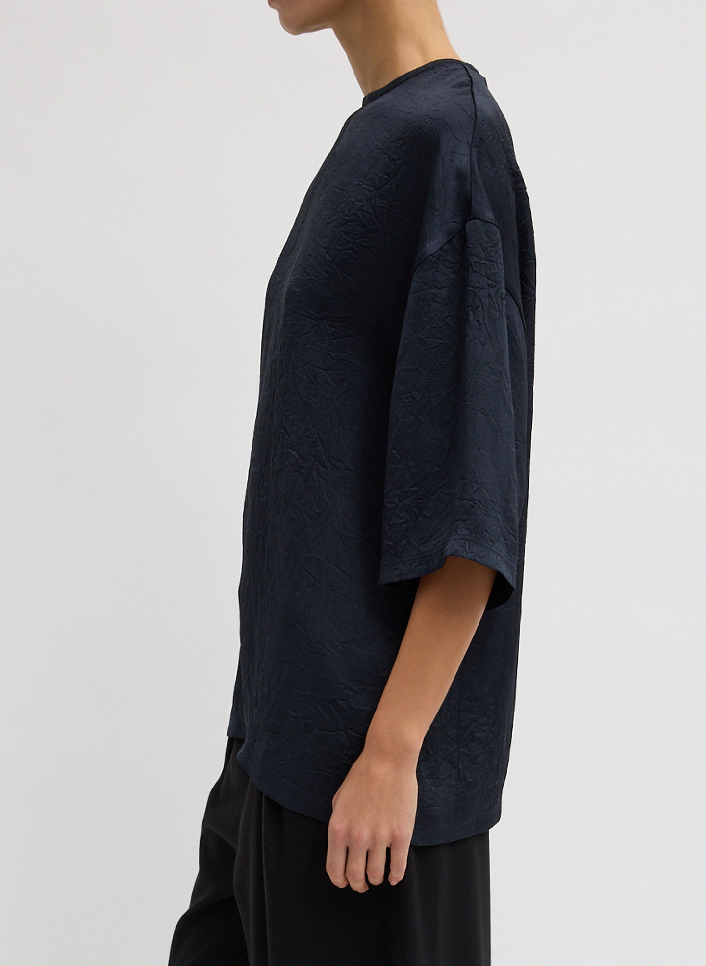 Midnight Navy Crinkle Shirting Easy T-Shirt - oversized silk t-shirt, side view on model