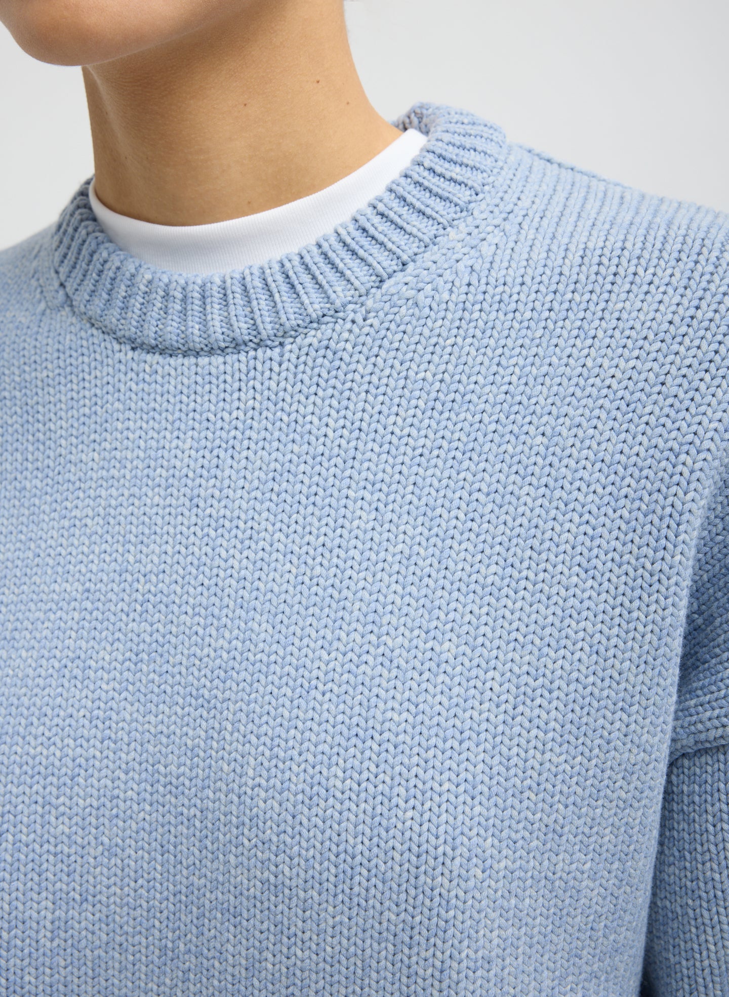 Light Blue Cotton Wool Crewneck Pullover - closeup of neckline