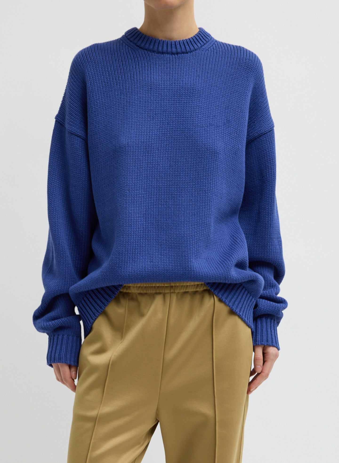 Blue Cotton Wool Crewneck Pullover - thick knit sweater, front view on model
