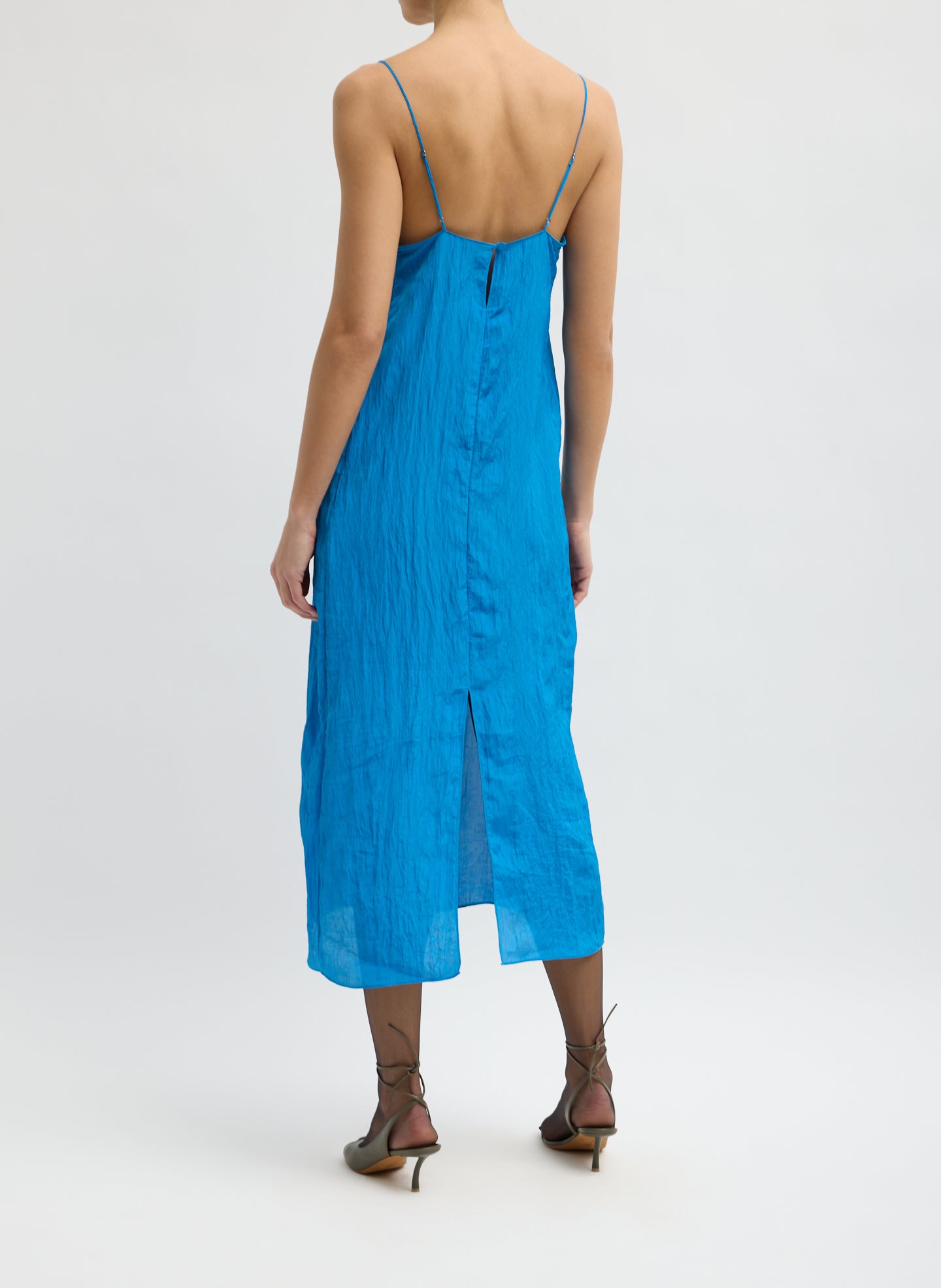 Bright Blue Crinkle Slip Dress - sleeveless midi dress, back view on model