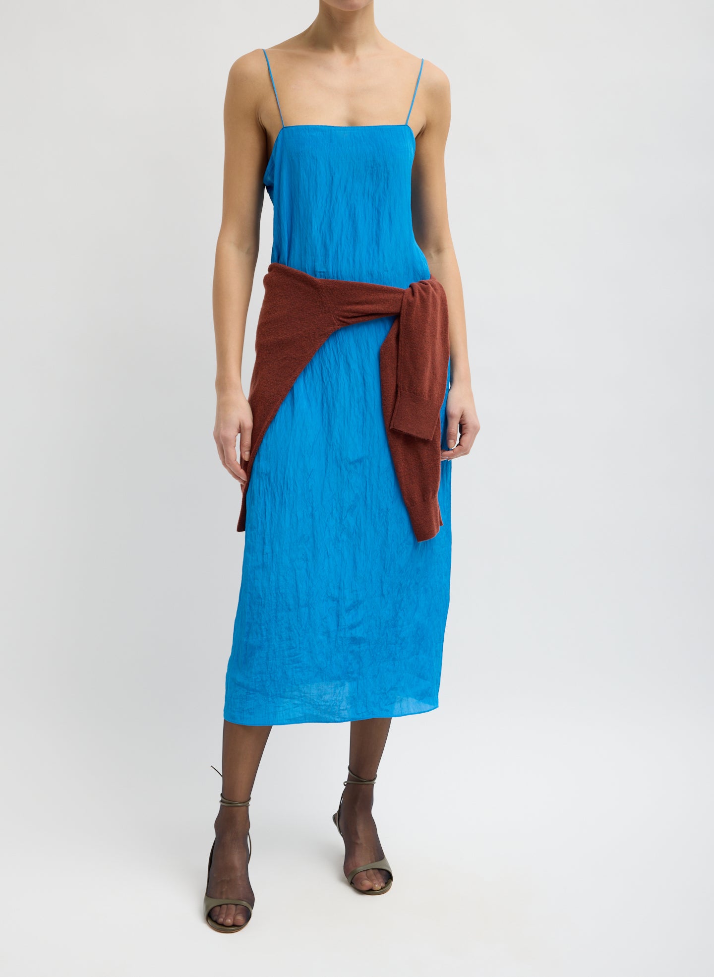 Bright Blue Crinkle Slip Dress - full look, front view on model