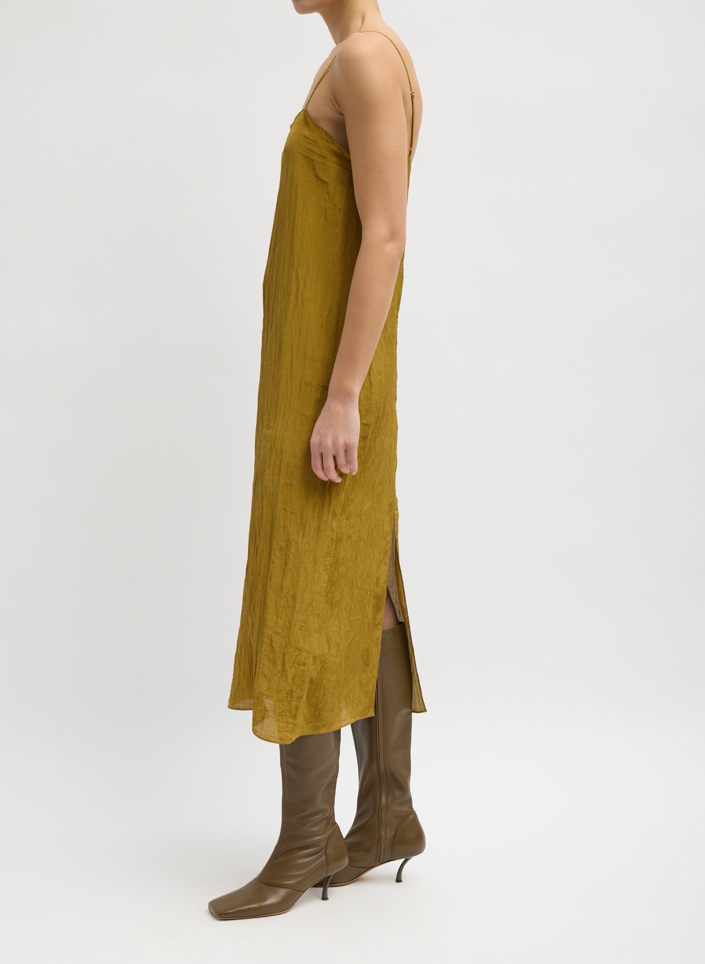 Mustard Yelllow Crinkle Slip Dress - sleeveless midi dress, side view on model