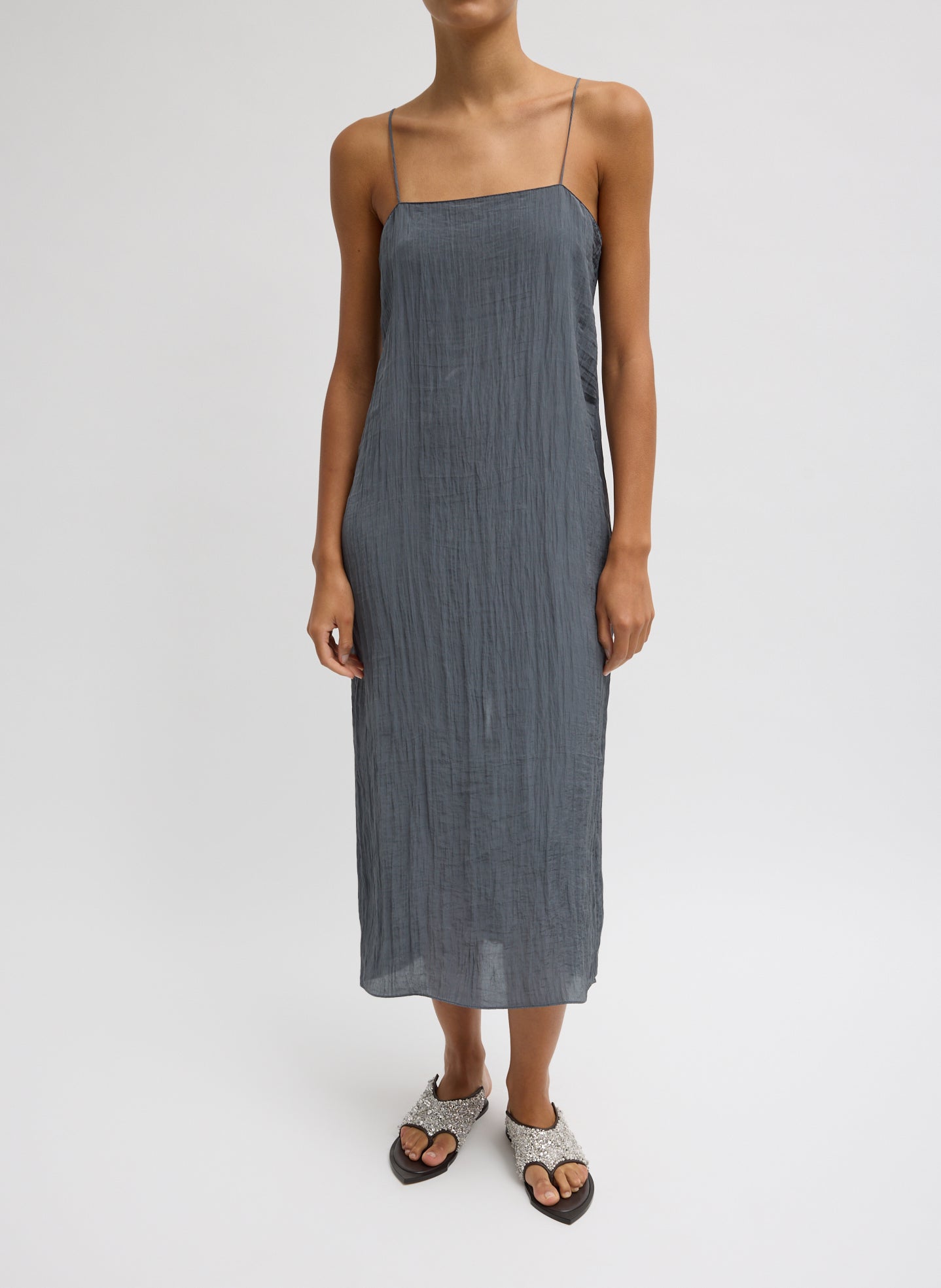 The Crinkle Slip Dress - Dark Grey Crinkle Slip Dress - silk midi dress, front view on model