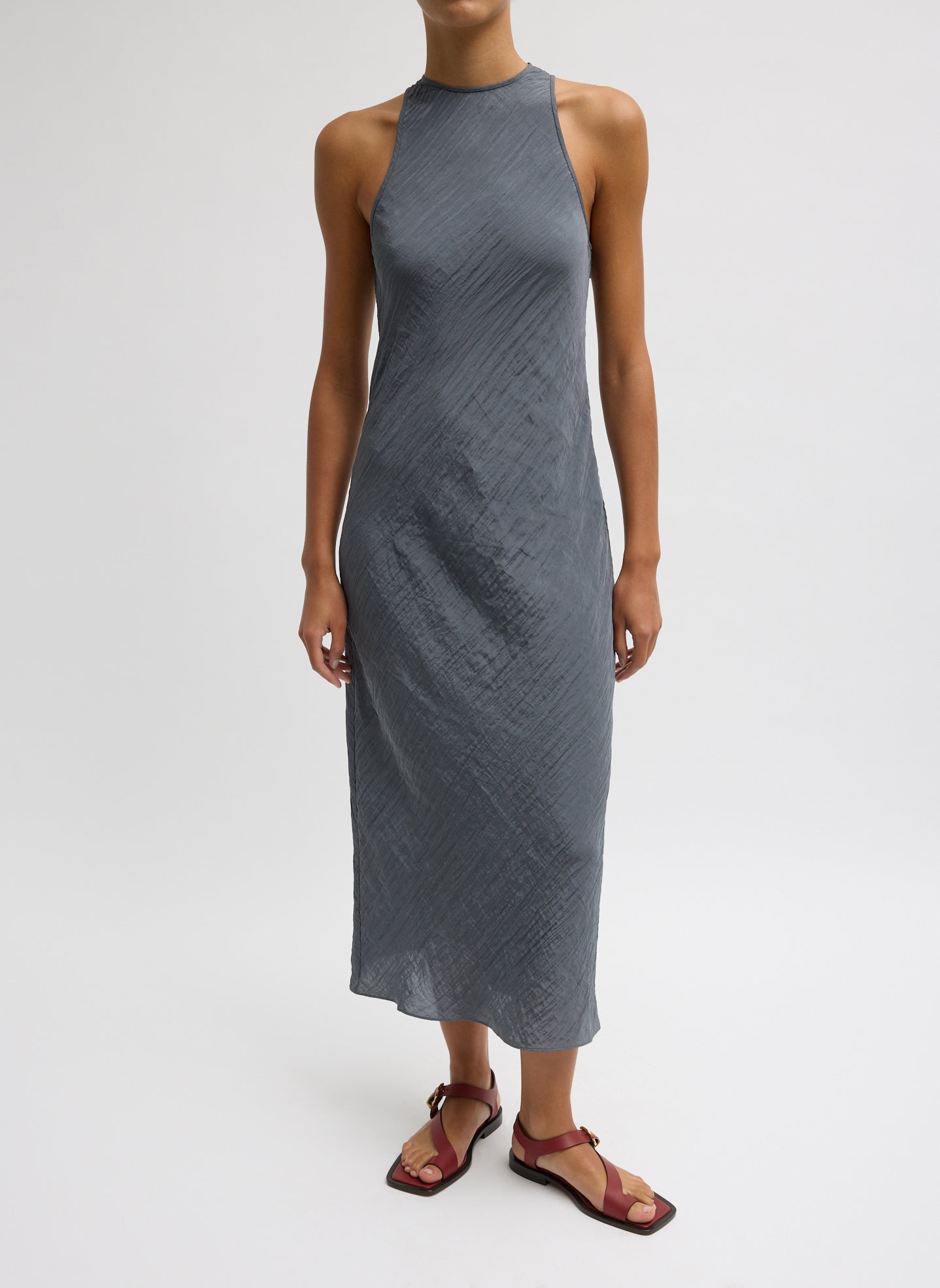 The Crinkle Slip Midi Bias Dress - Dark Grey Crinkle Slip Midi Bias Dress - front view on model