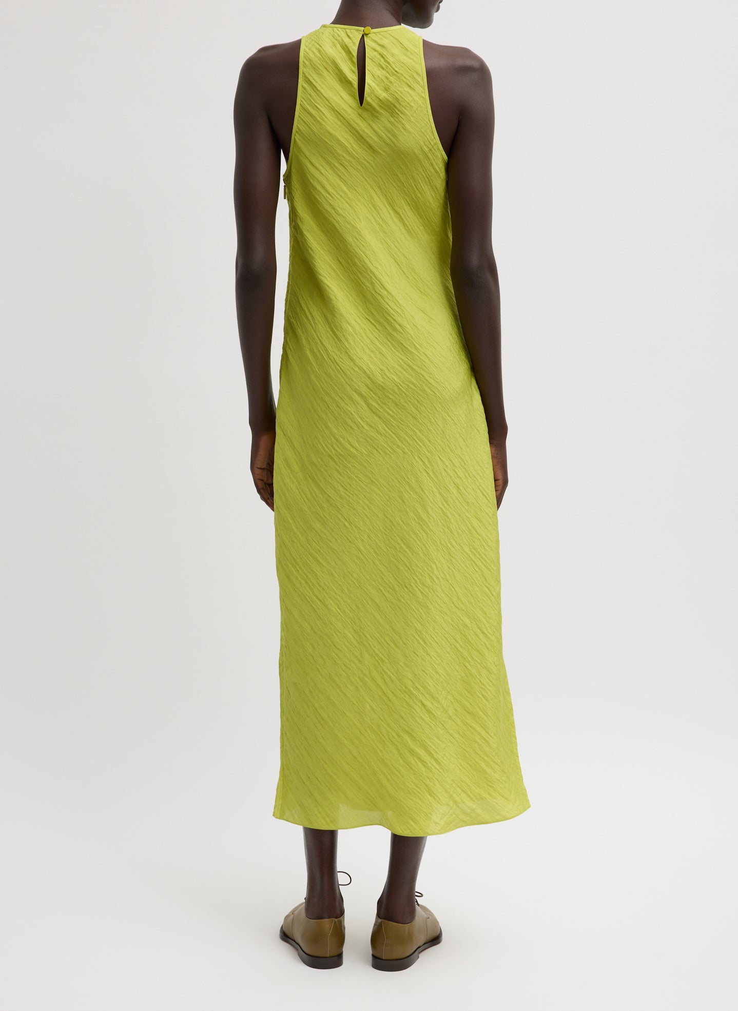 Chartreuse Green Crinkle Slip Midi Bias Dress - back view on model
