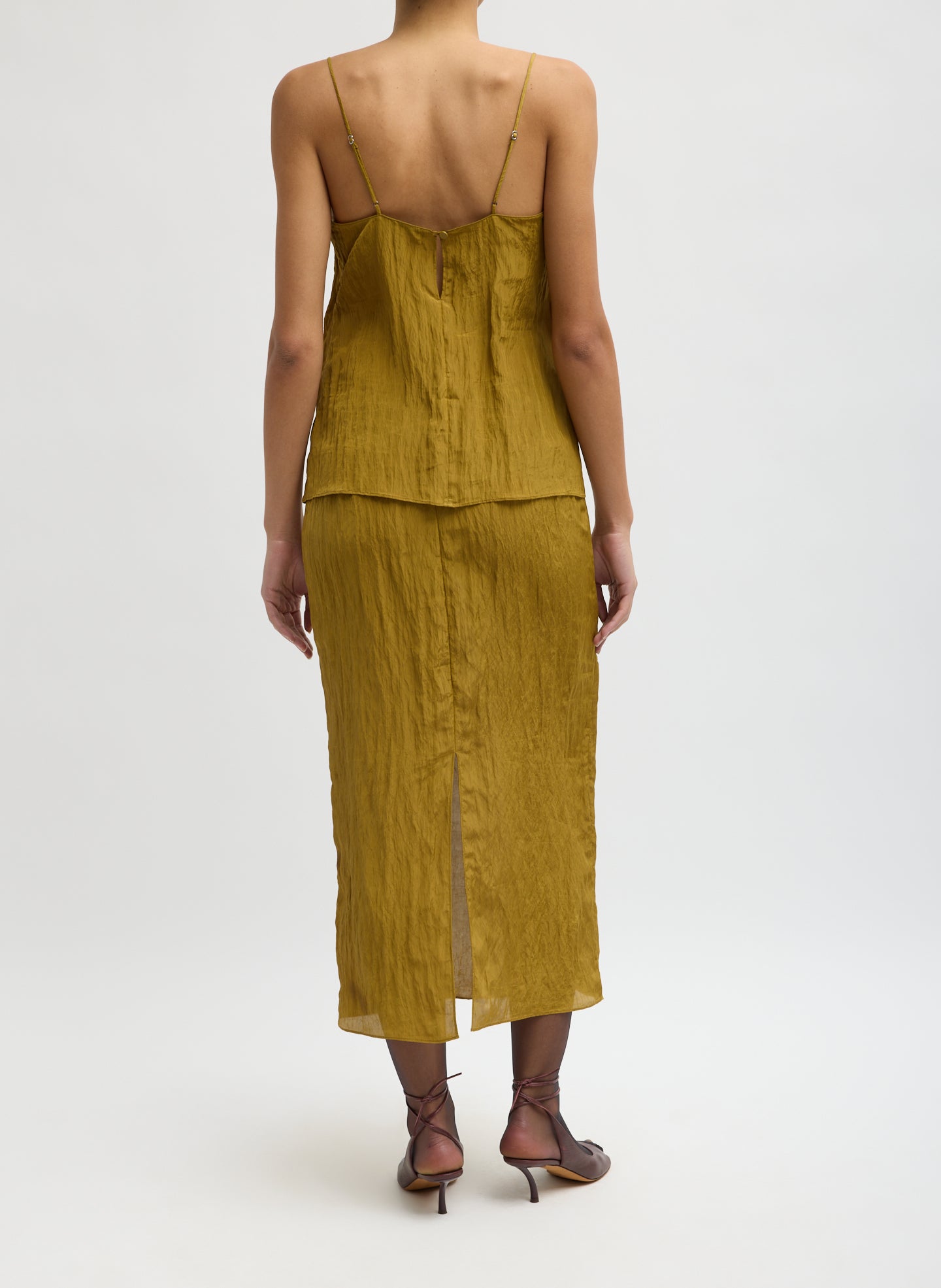 Mustard Crinkle Slip Skirt - midi skirt, back view on model