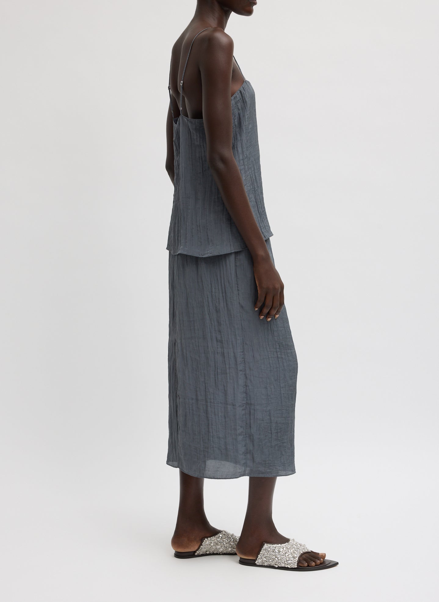 Dark Grey Crinkle Slip Skirt - silk midi skirt, side view on model