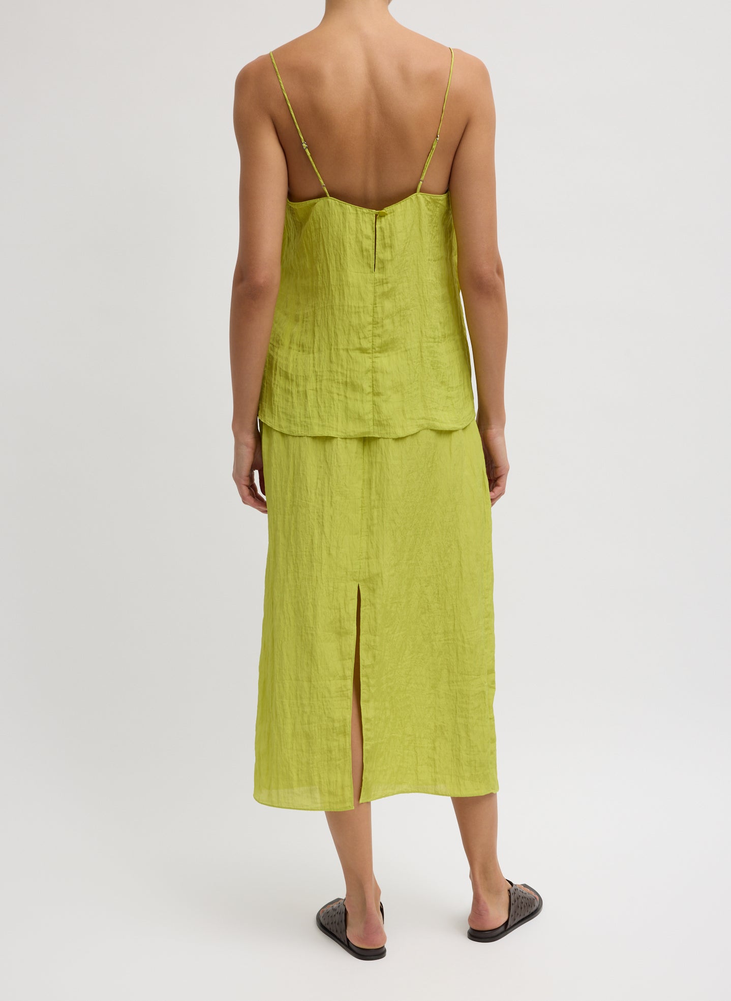 Chartreuse Green Crinkle Slip Skirt - silk midi skirt, back view on model