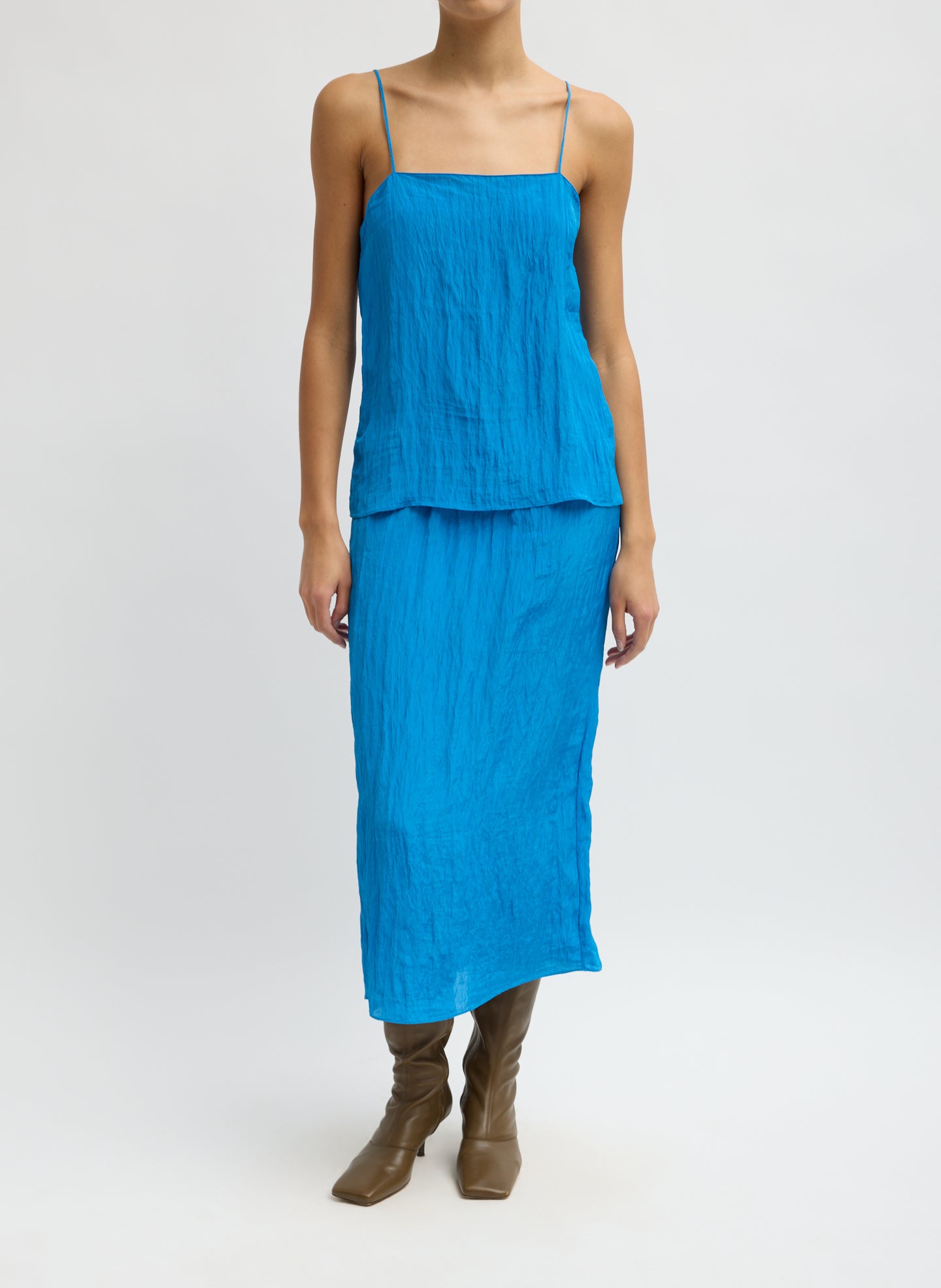 Bright Blue Crinkle Slip Cami - full look, front view on model