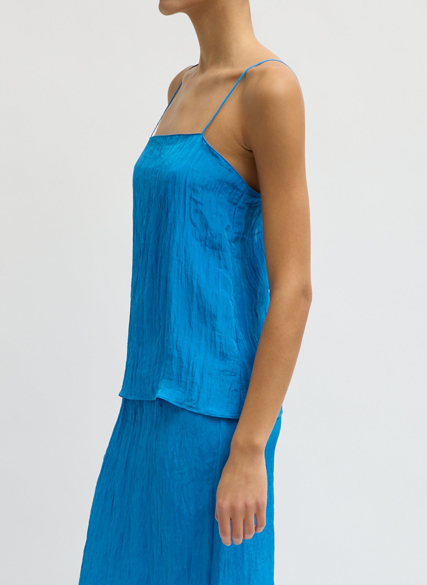 Bright Blue Crinkle Slip Cami - side view on model