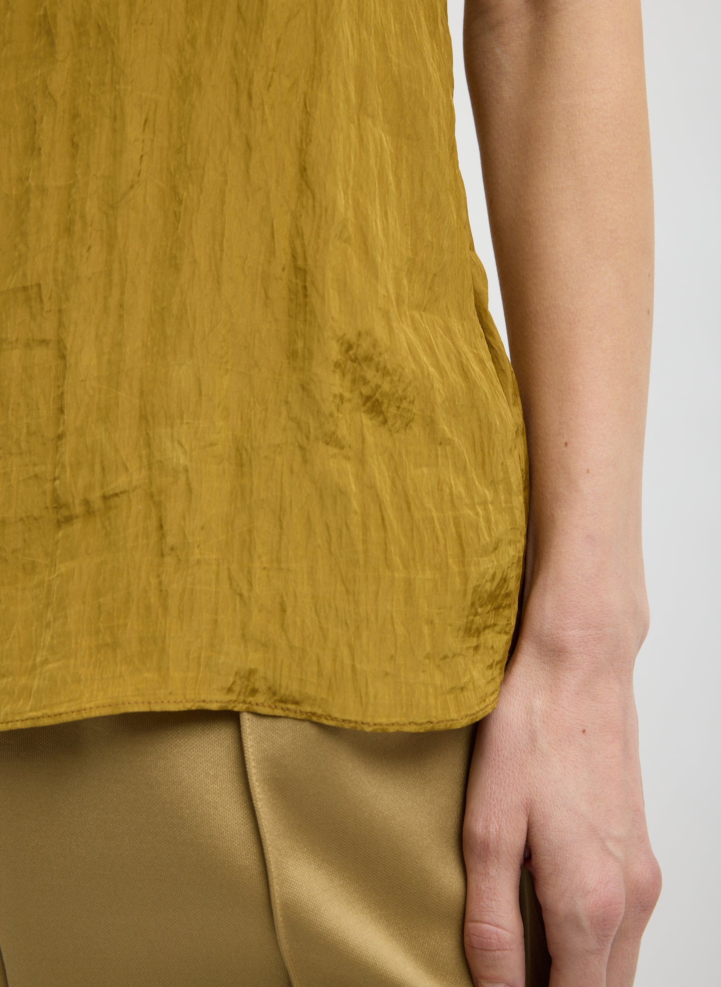 Mustard Yellow Crinkle Slip Cami - closeup of crinkle slip fabrication