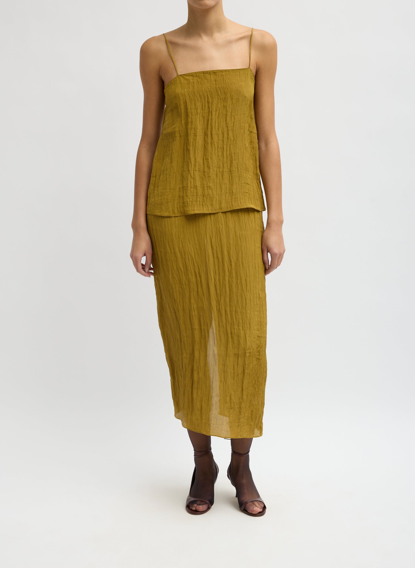 Mustard Yellow Crinkle Slip Cami - full look, front view on model