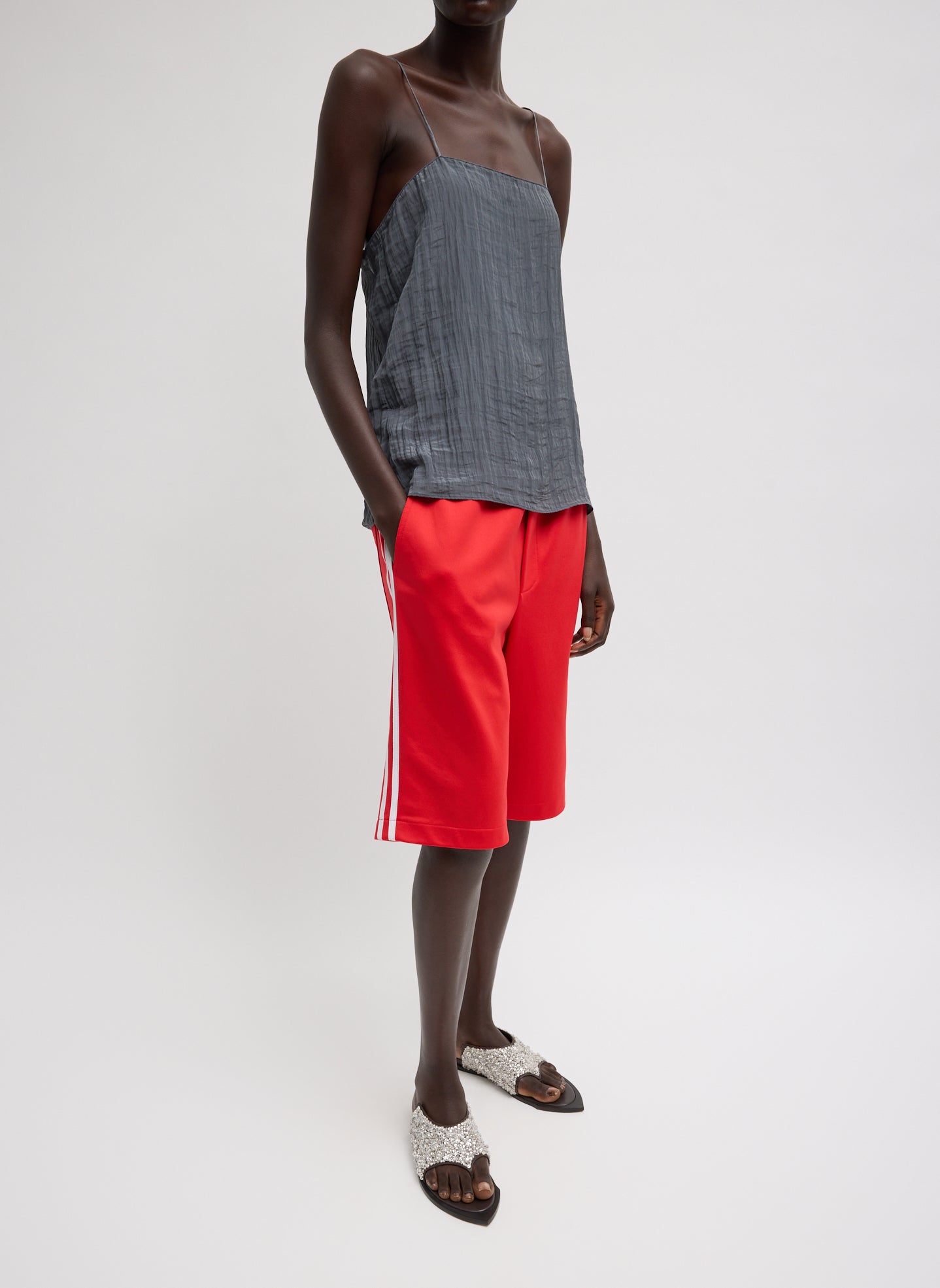 Dark Grey Crinkle Slip Cami - full look, front view on model