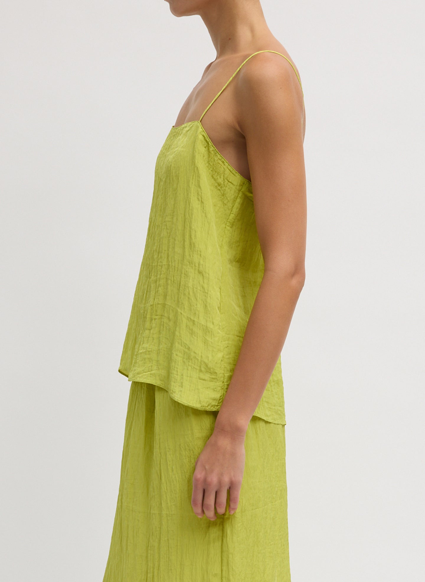 Chartreuse Green Crinkle Slip Cami - side view on model