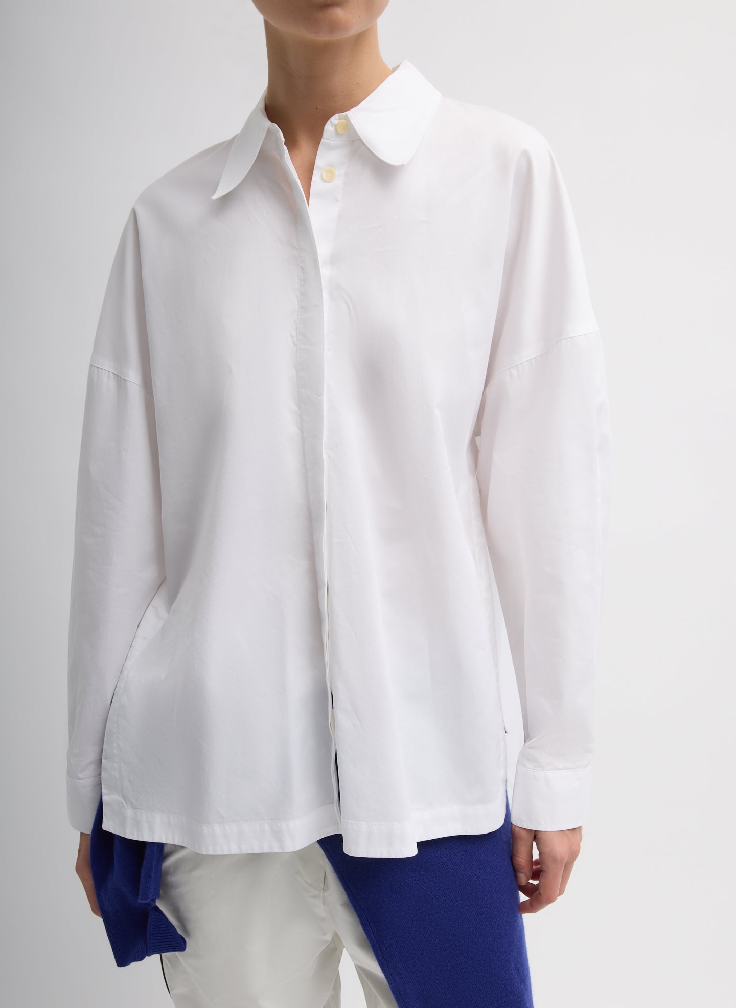 White Gabe Oversized Shirt - button down, front view on model