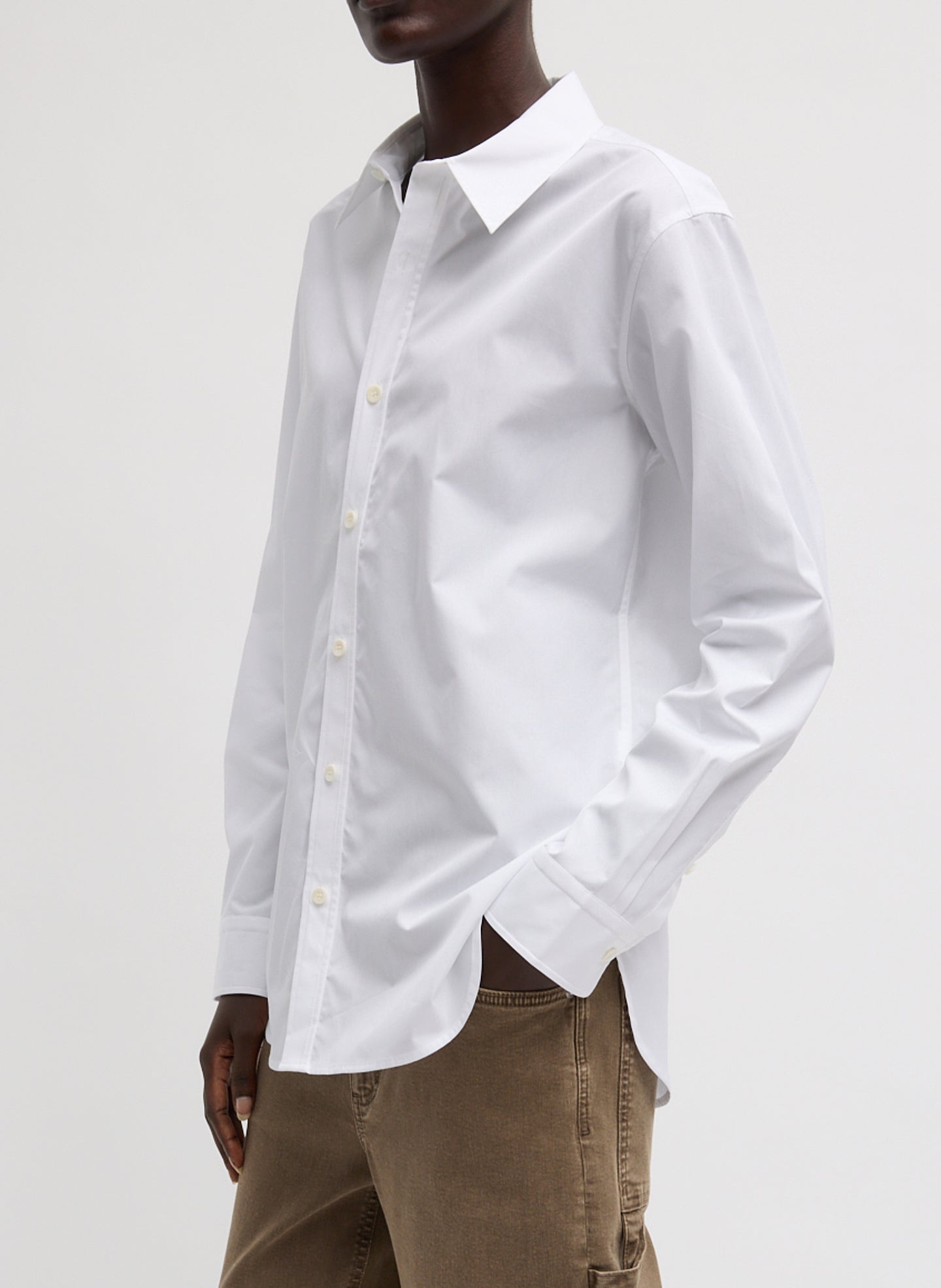 White Charlie Men's Slim Shirt - long sleeve button down, side view on model