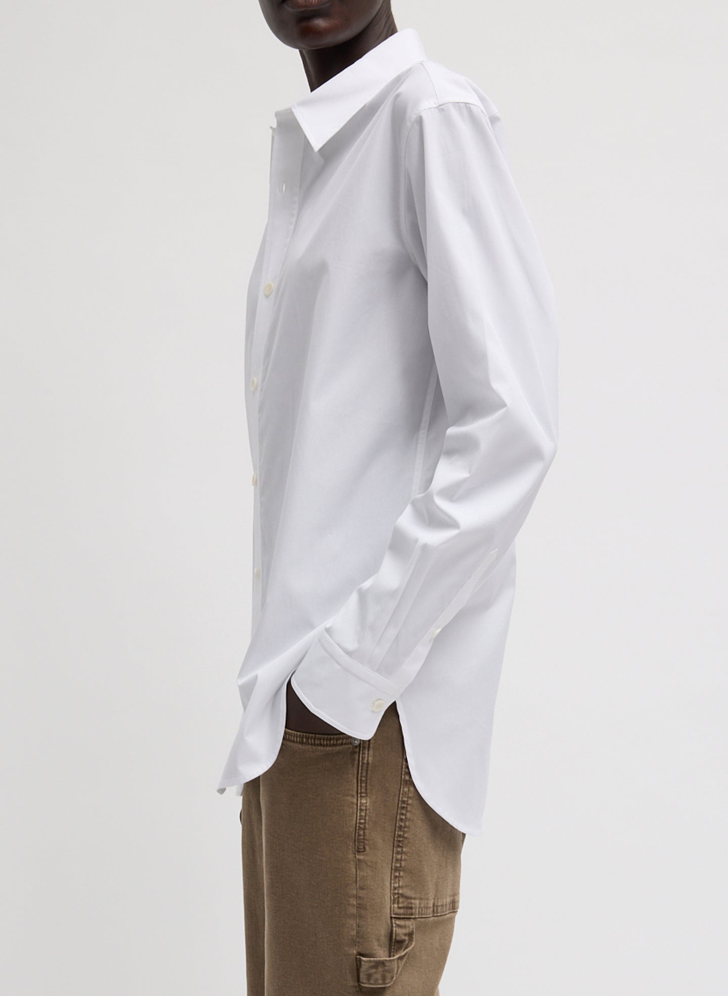 White Charlie Men's Slim Shirt - long sleeve button down, side view on model