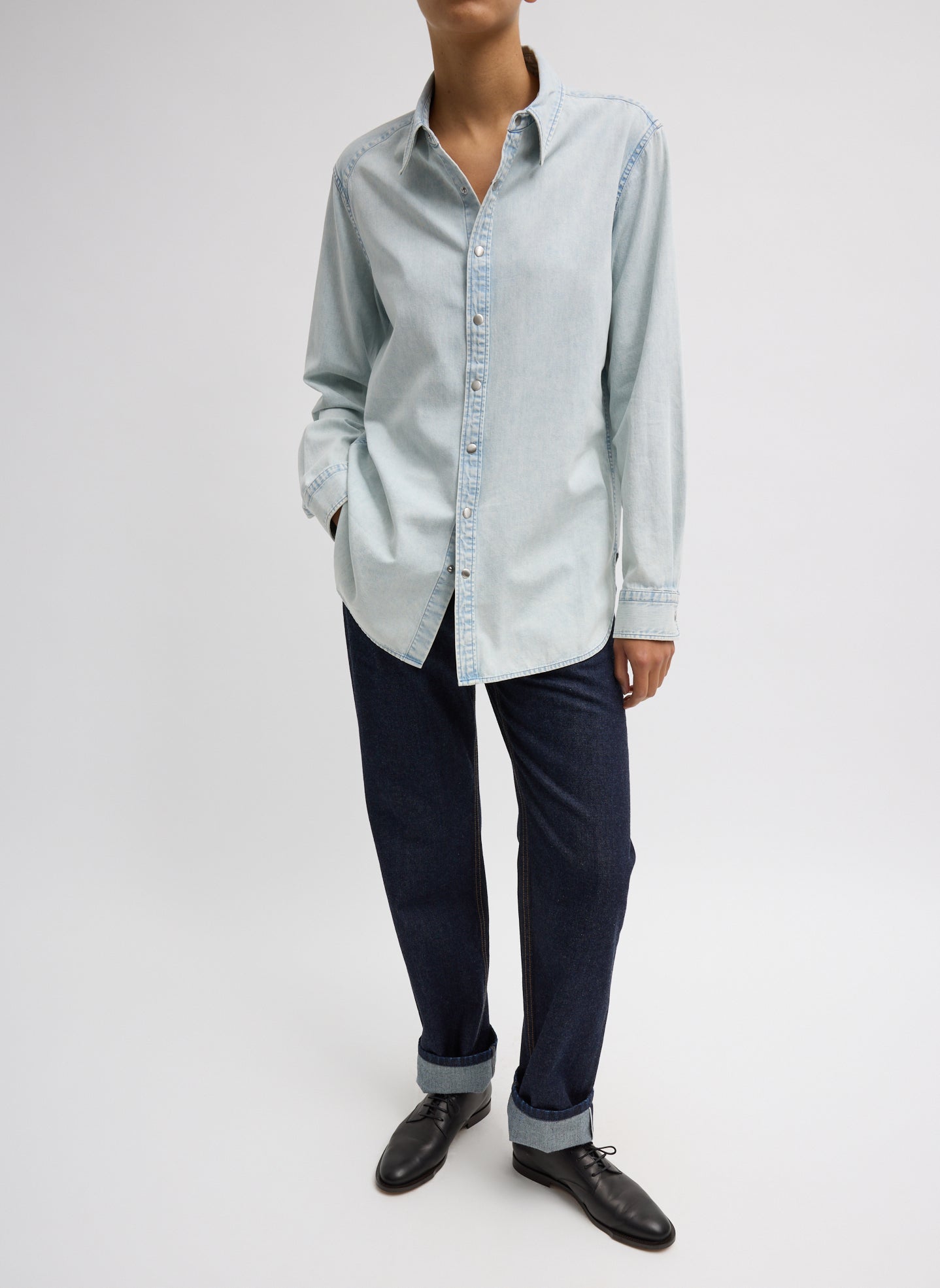 Bleached Denim Shirting Charlie Slim Men's Shirt - full look, front view on model