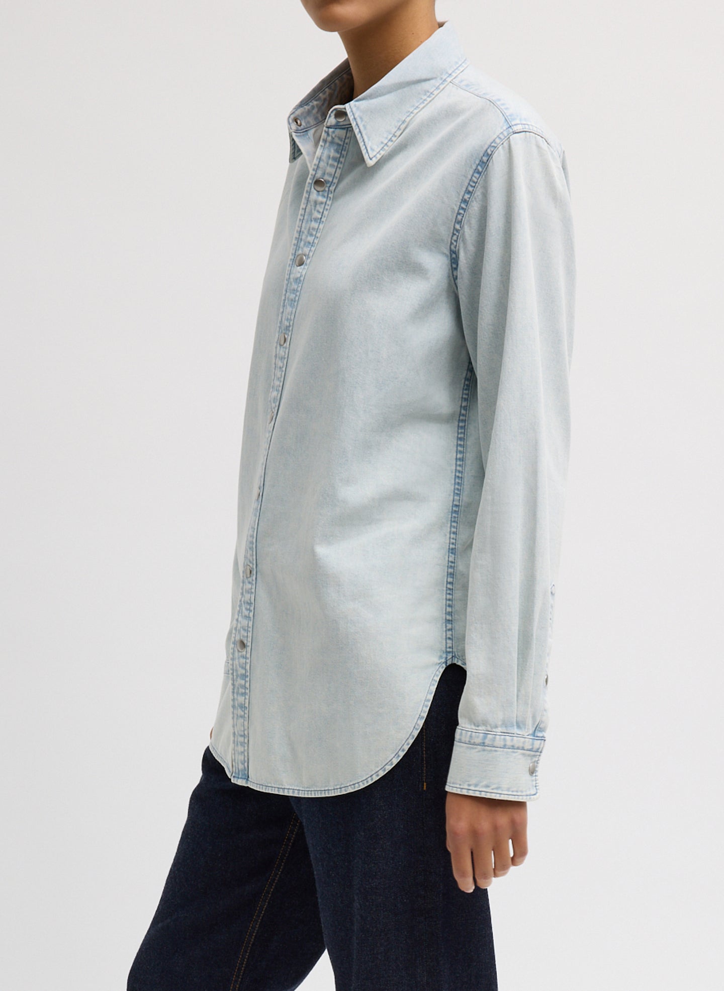 Bleached Denim Shirting Charlie Slim Men's Shirt - denim button down, side view on model