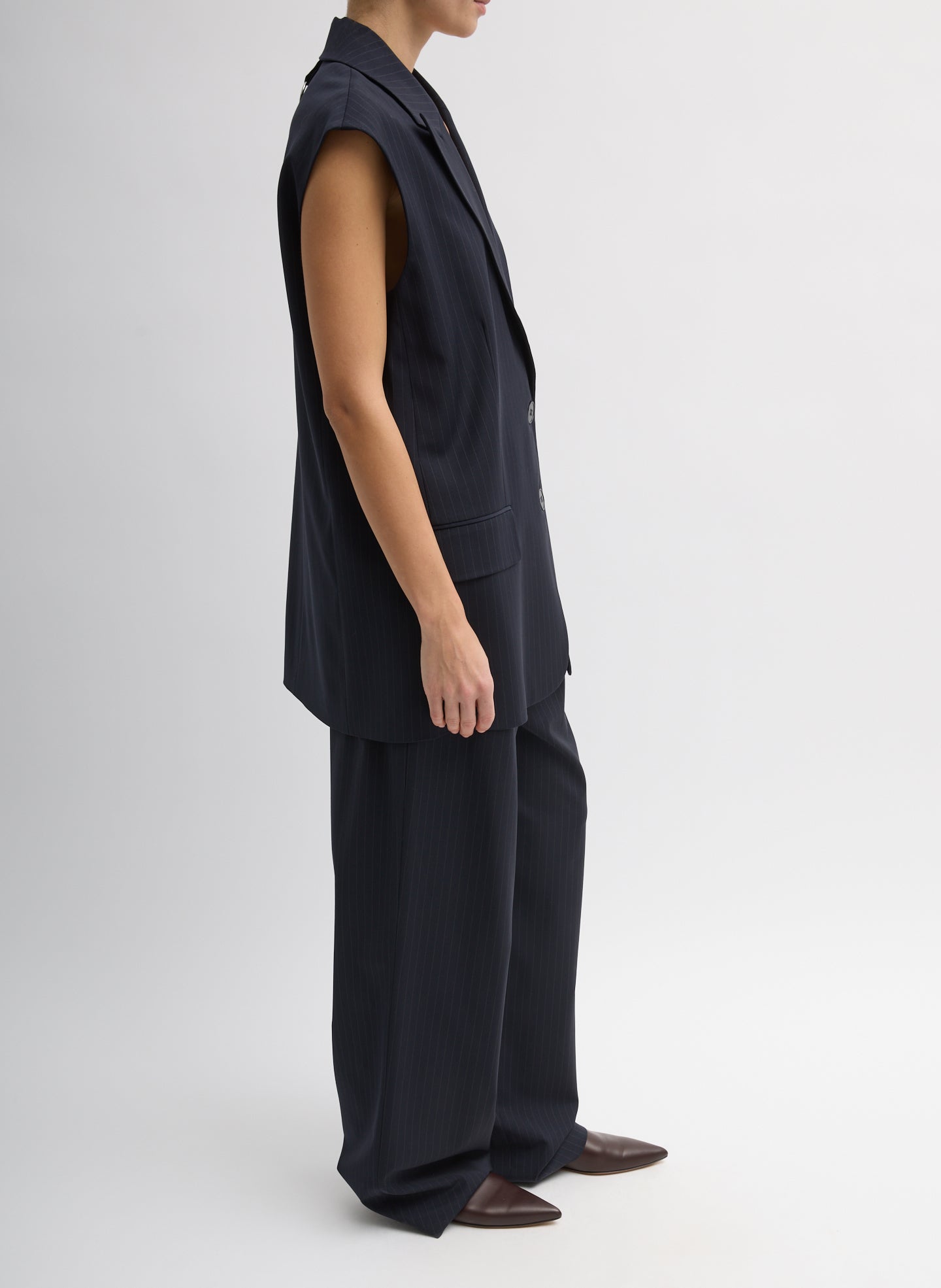 Navy Dominic Pinstripe Liam Vest - full look, side view on model