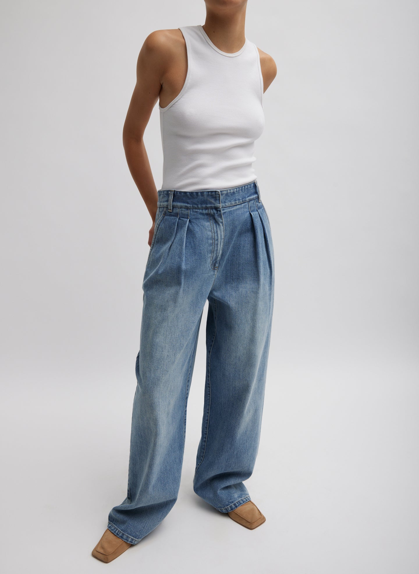 Blue Classic Wash Stella Jean - pleated denim, front view on model