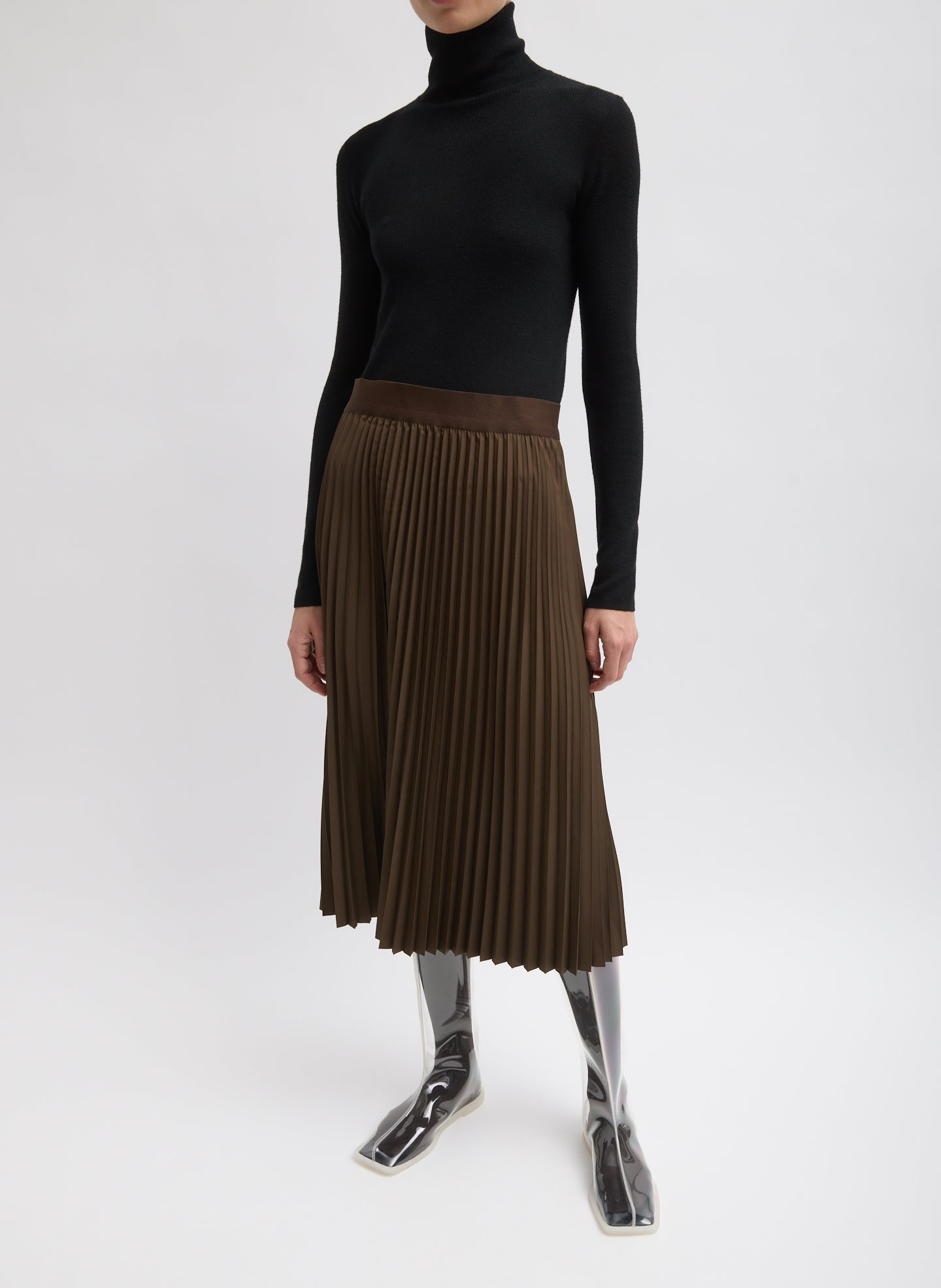 Black Featherweight Ribbed Sweater Turtleneck Pullover - full look, front view on model