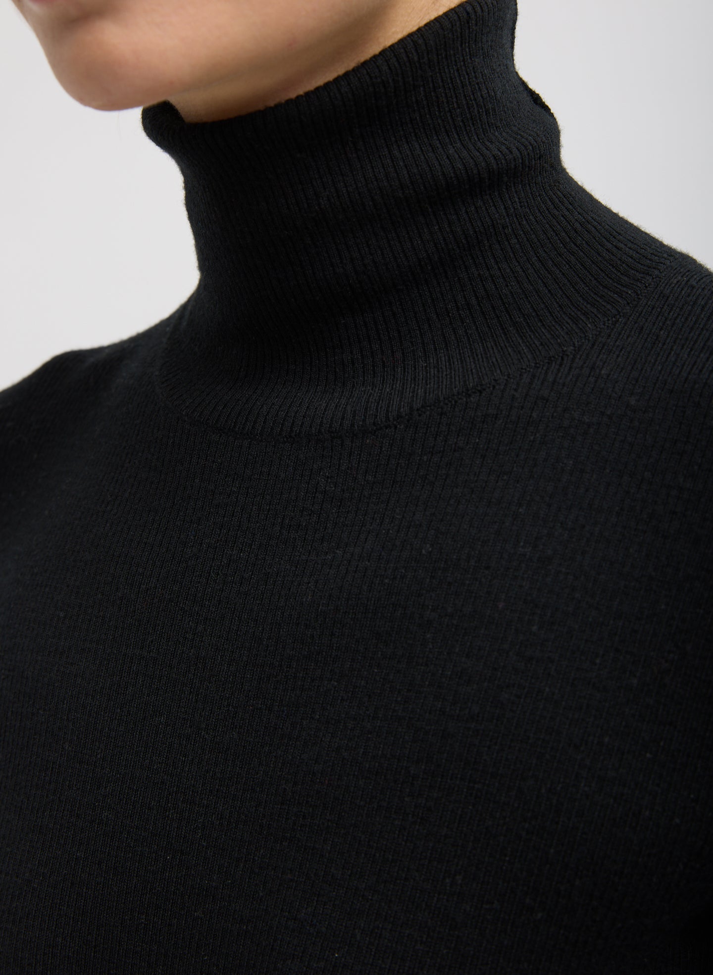 Black Featherweight Ribbed Sweater Turtleneck Pullover - closeup of neckline