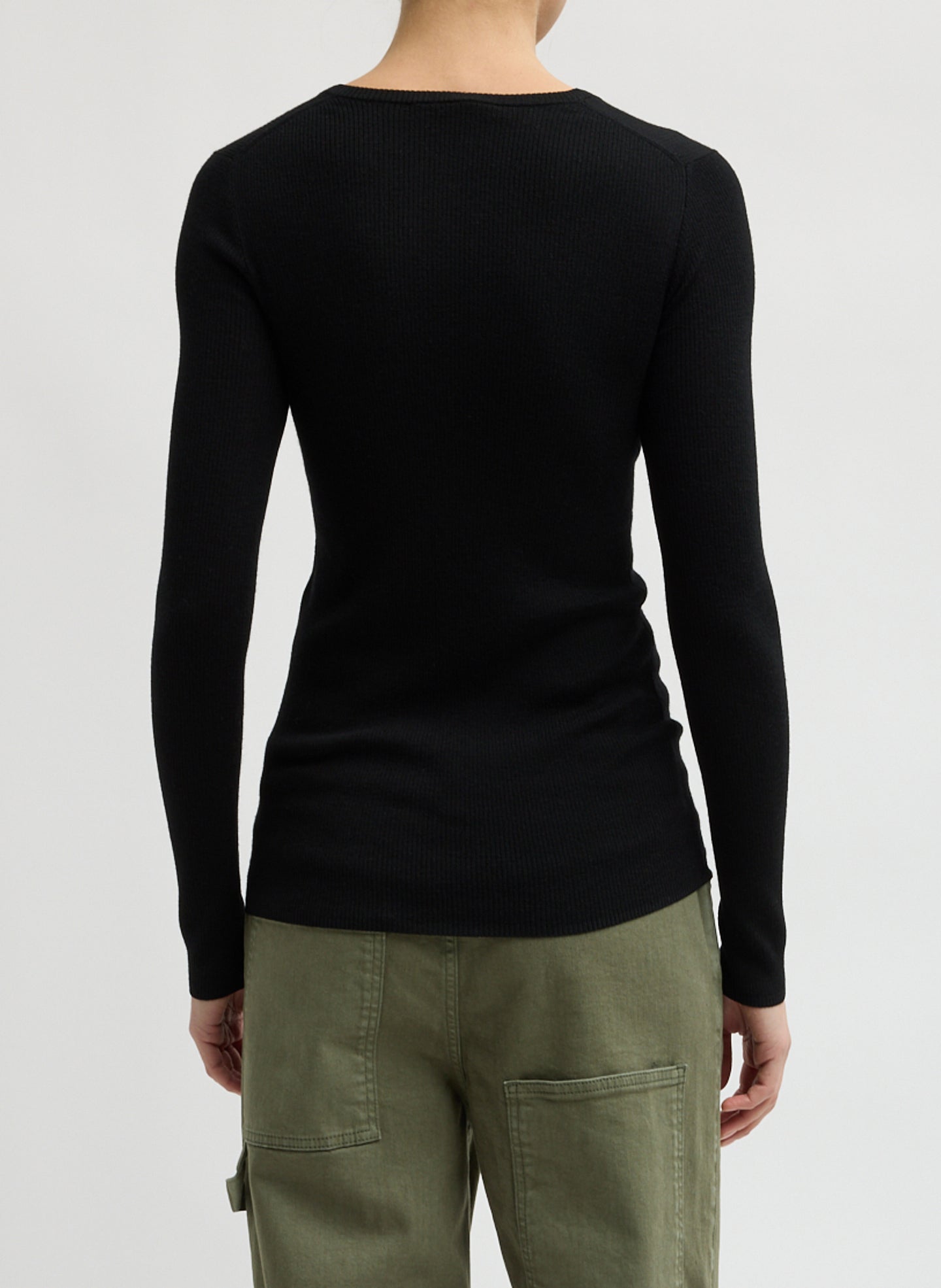 Black Feather Weight Ribbed V-Neck - long sleeve knit top, back view on model