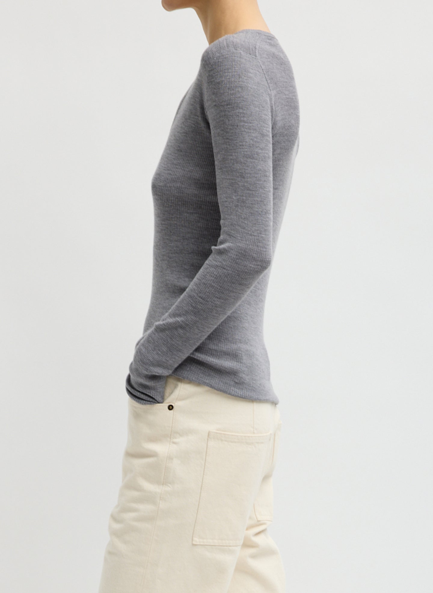 Light Heather Grey Feather Weight Ribbed V-Neck - long sleeve knit top, side view on model