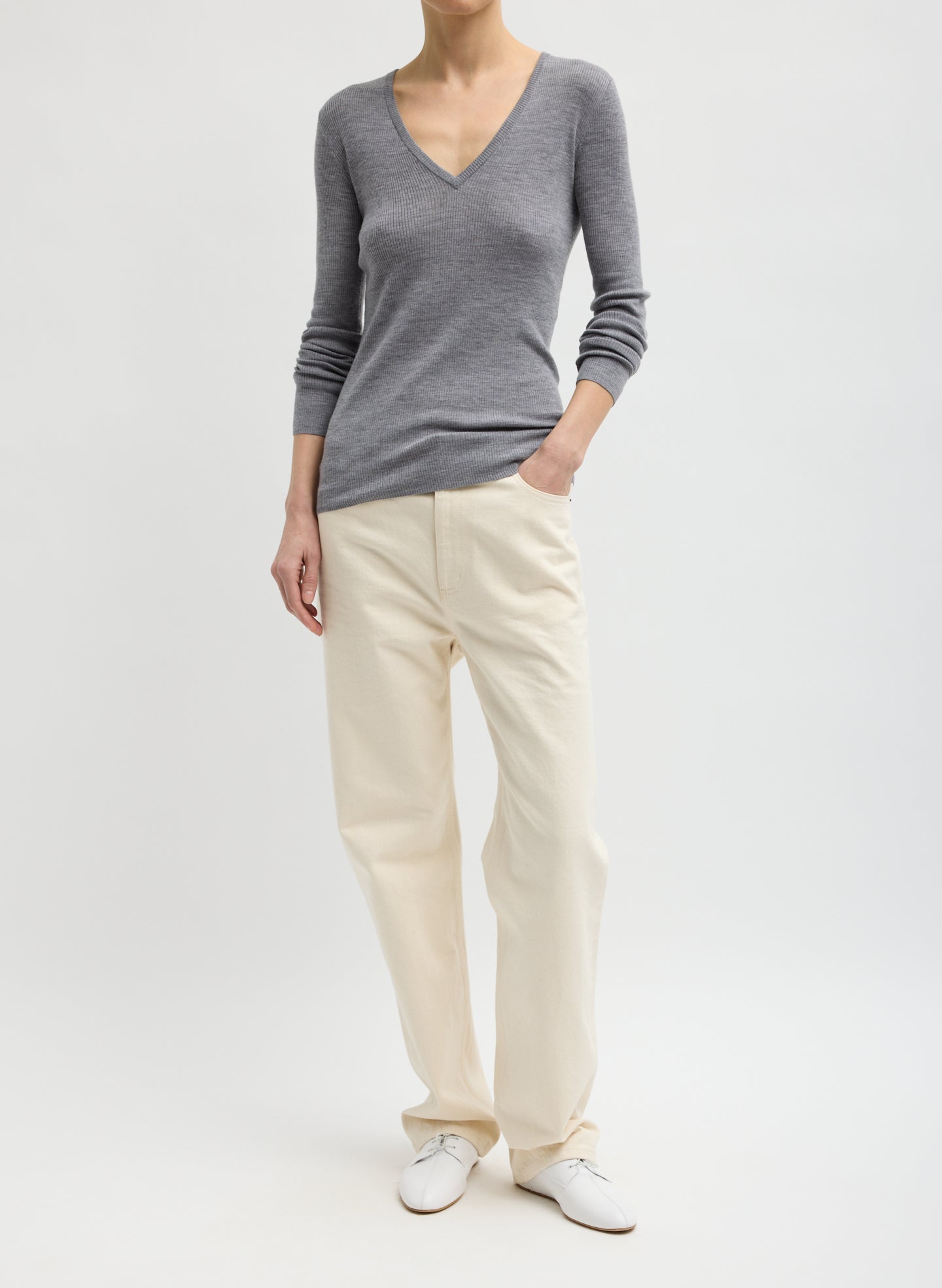 Light Heather Grey Feather Weight Ribbed V-Neck - full look, front view on model