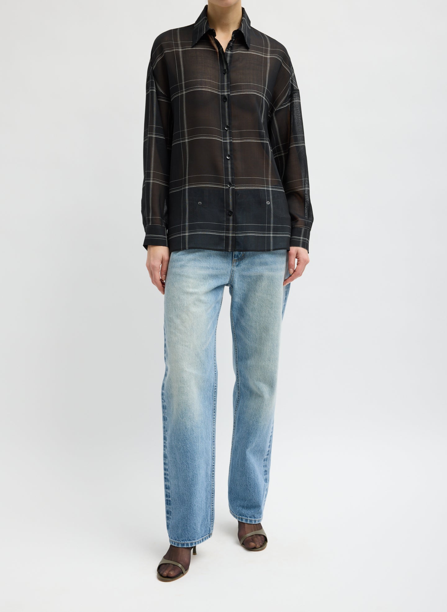 Black Sheer Wool Gauze Checked Oversized Shirt - full look, front view on model