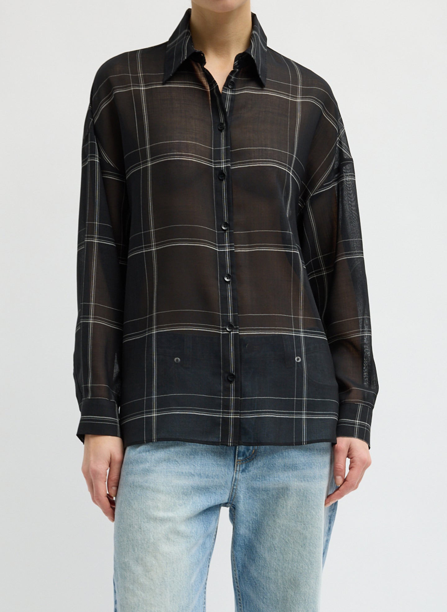 Black Sheer Wool Gauze Checked Oversized Shirt - button down shirt, front view on model