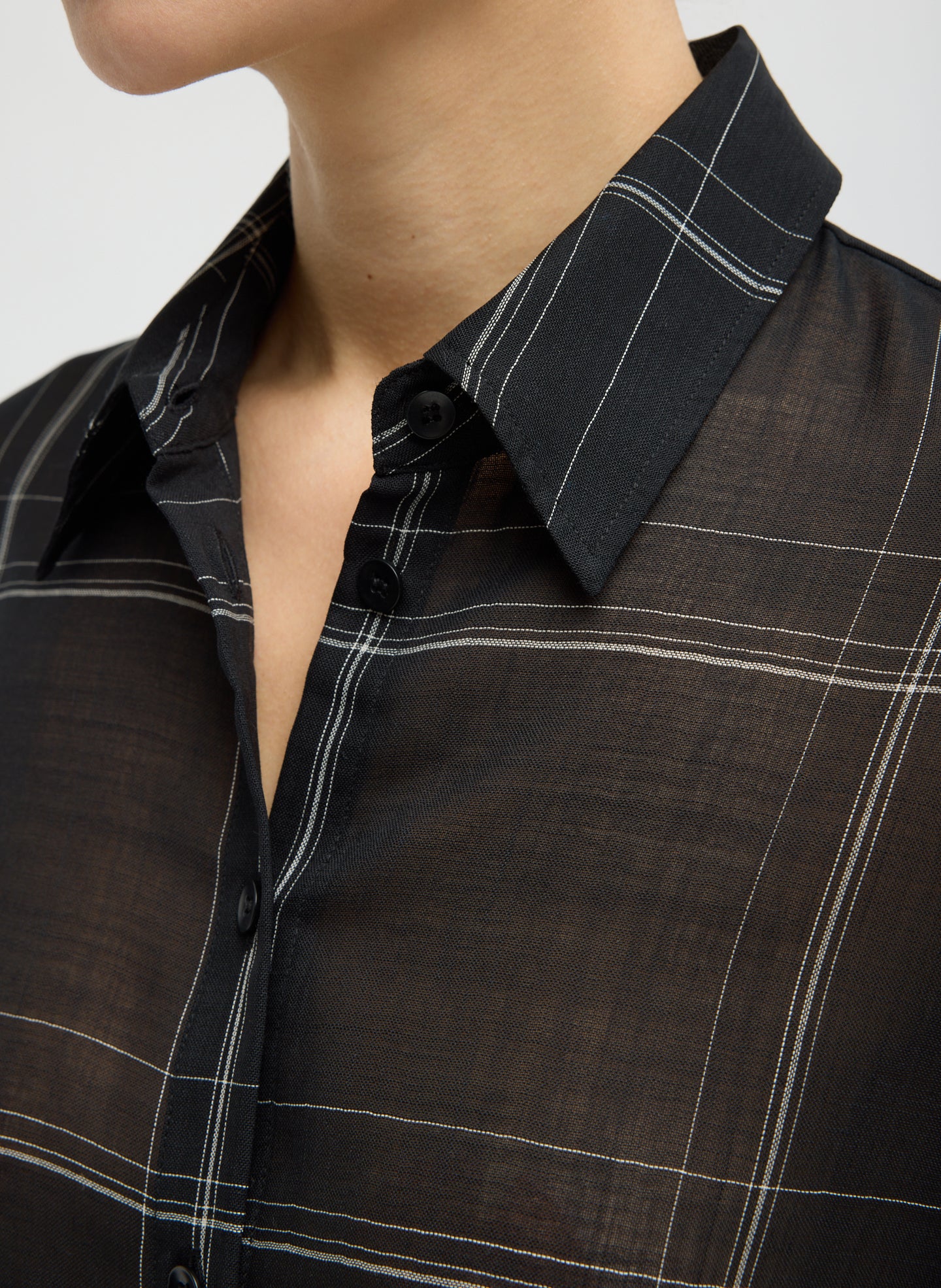 Black Sheer Wool Gauze Checked Oversized Shirt - closeup of collar detail