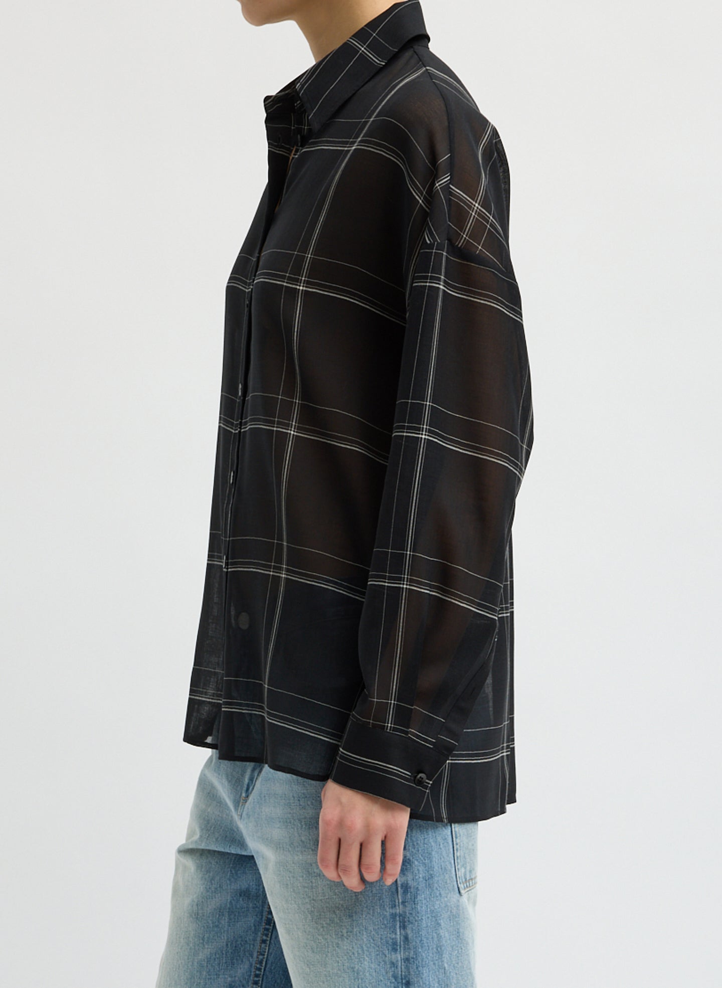 Black Sheer Wool Gauze Checked Oversized Shirt - button down shirt, side view on model