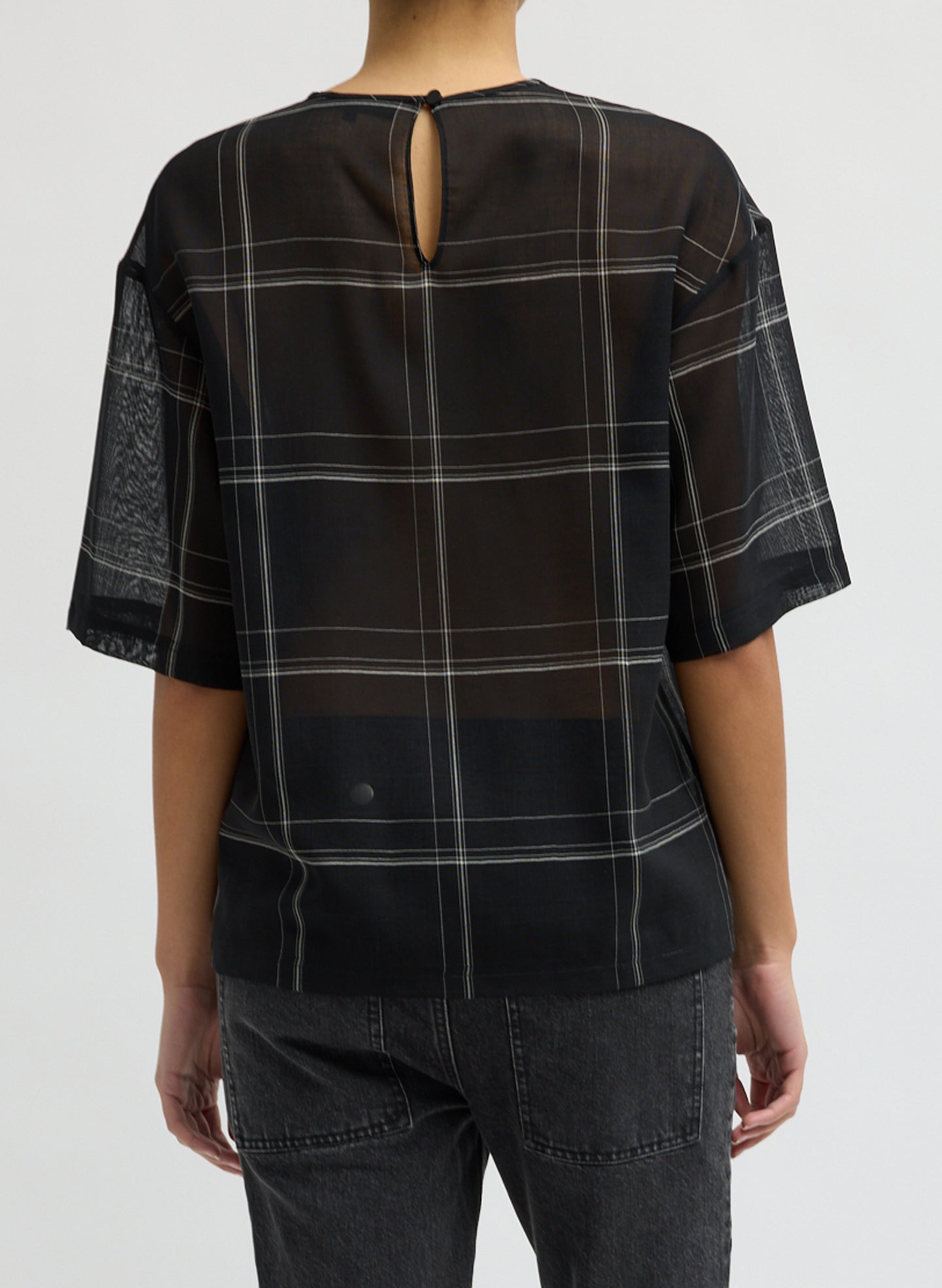 Black Checked Sheer Wool Gauze Easy T-Shirt - oversized tee, back view on model