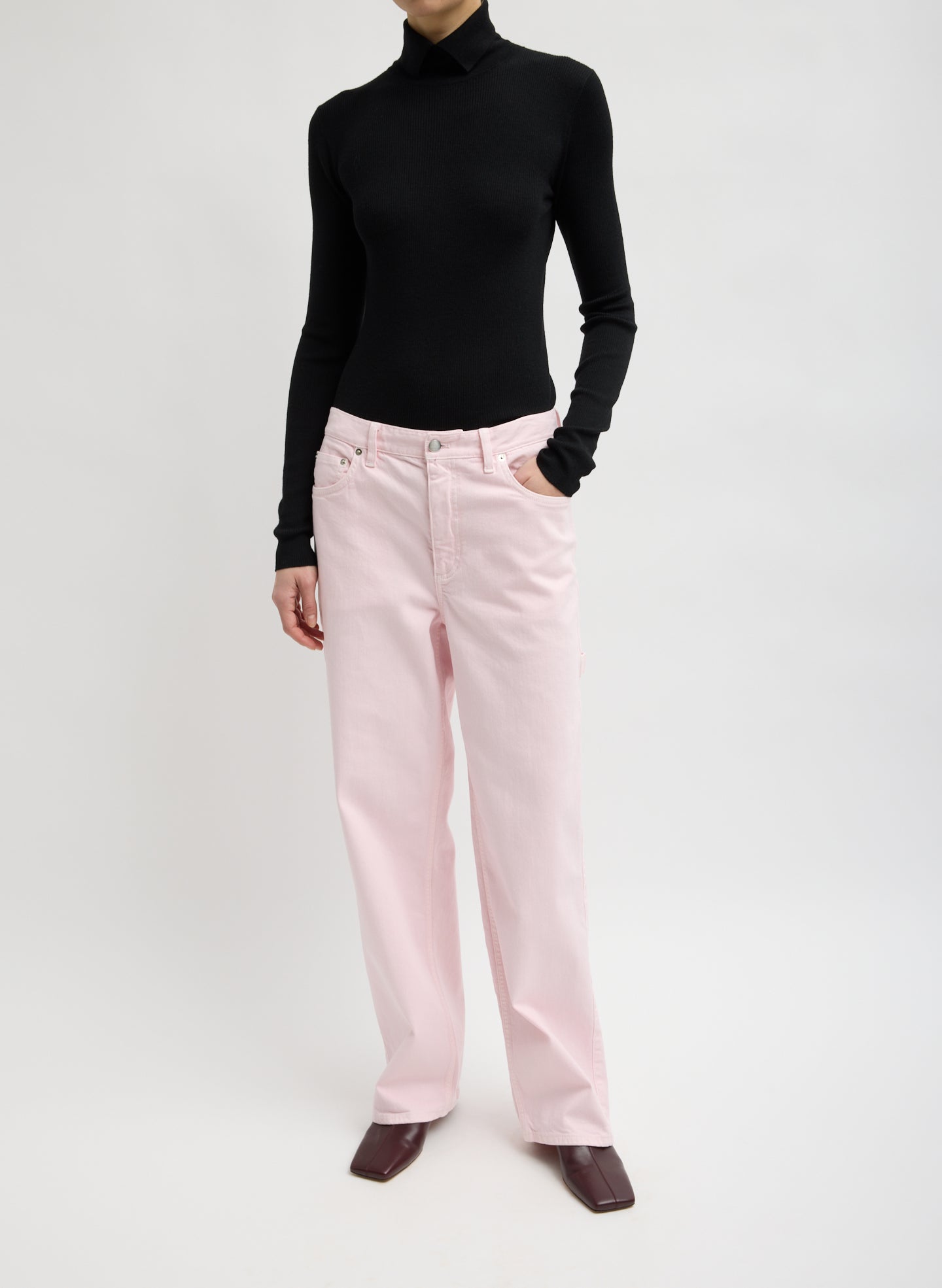 Light Pink Garment Wash Stretch Twill Slouchy Carpenter Jean, front view on model